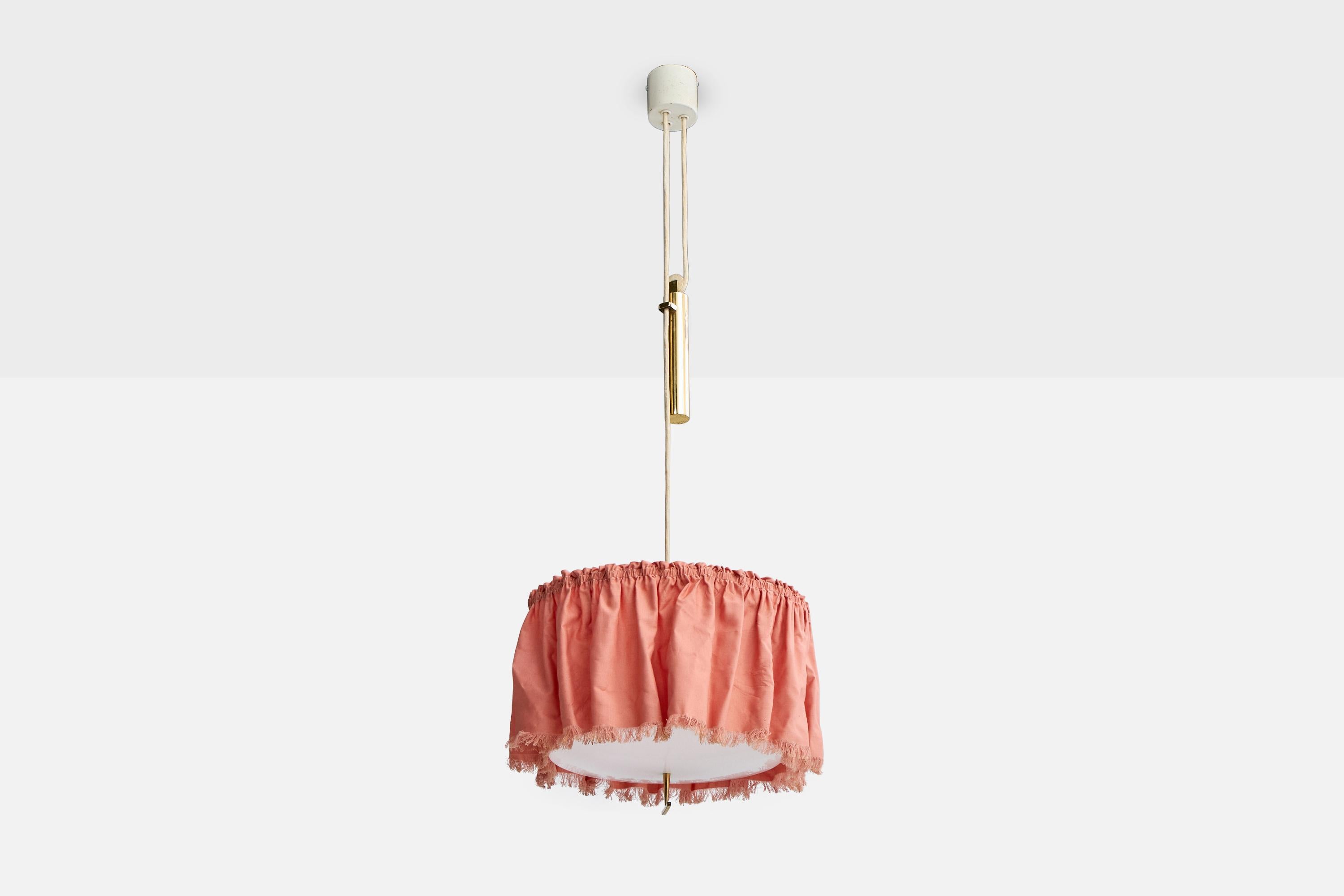 An adjustable brass, pink fabric and white acrylic pendant produced by J.T. Kalmar, Austria, c. 1950s.

Overall Dimensions (inches): 41.25