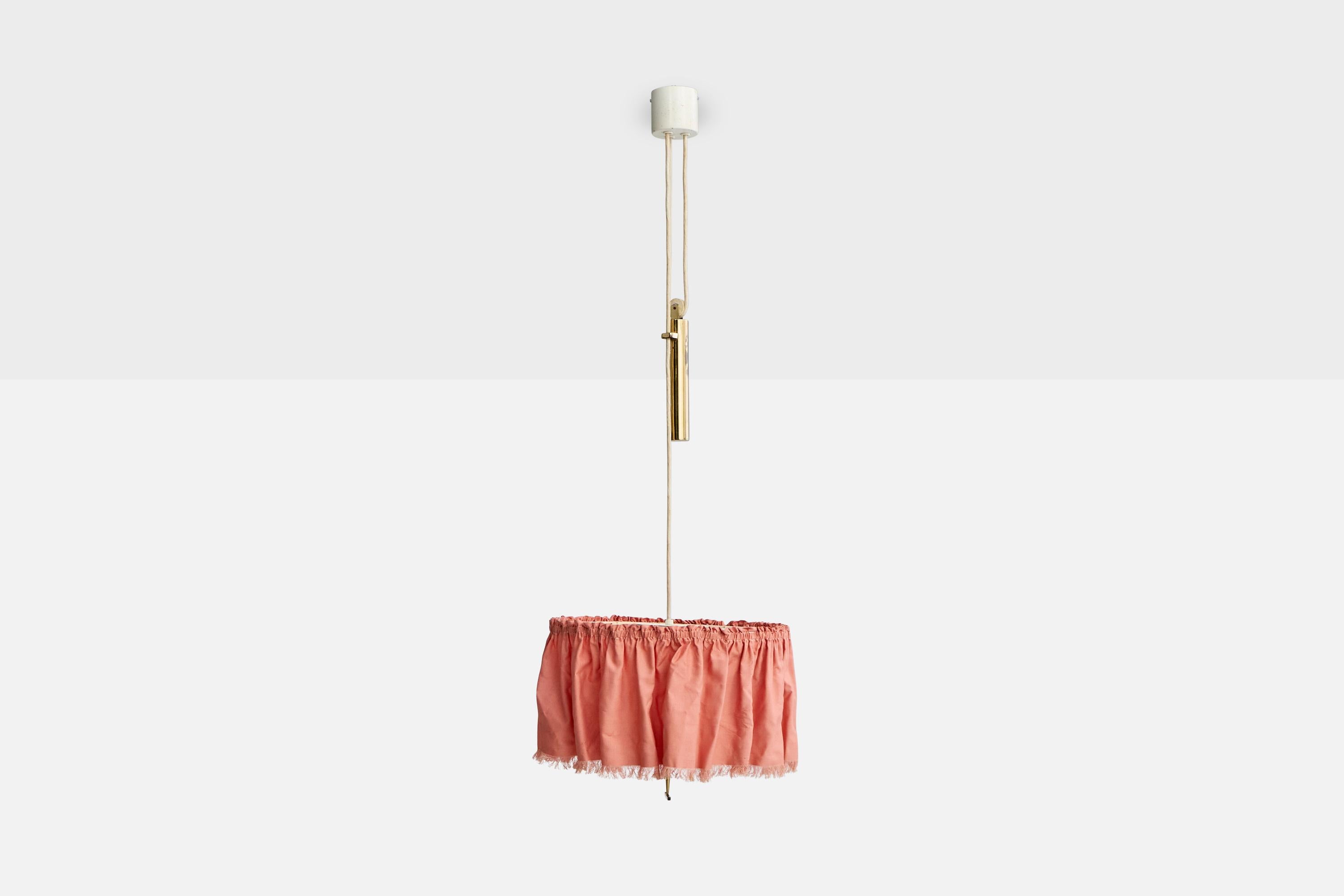 Mid-Century Modern J.T. Kalmar, Pendant Light, Brass, Fabric, Acrylic, Austria, 1950s For Sale