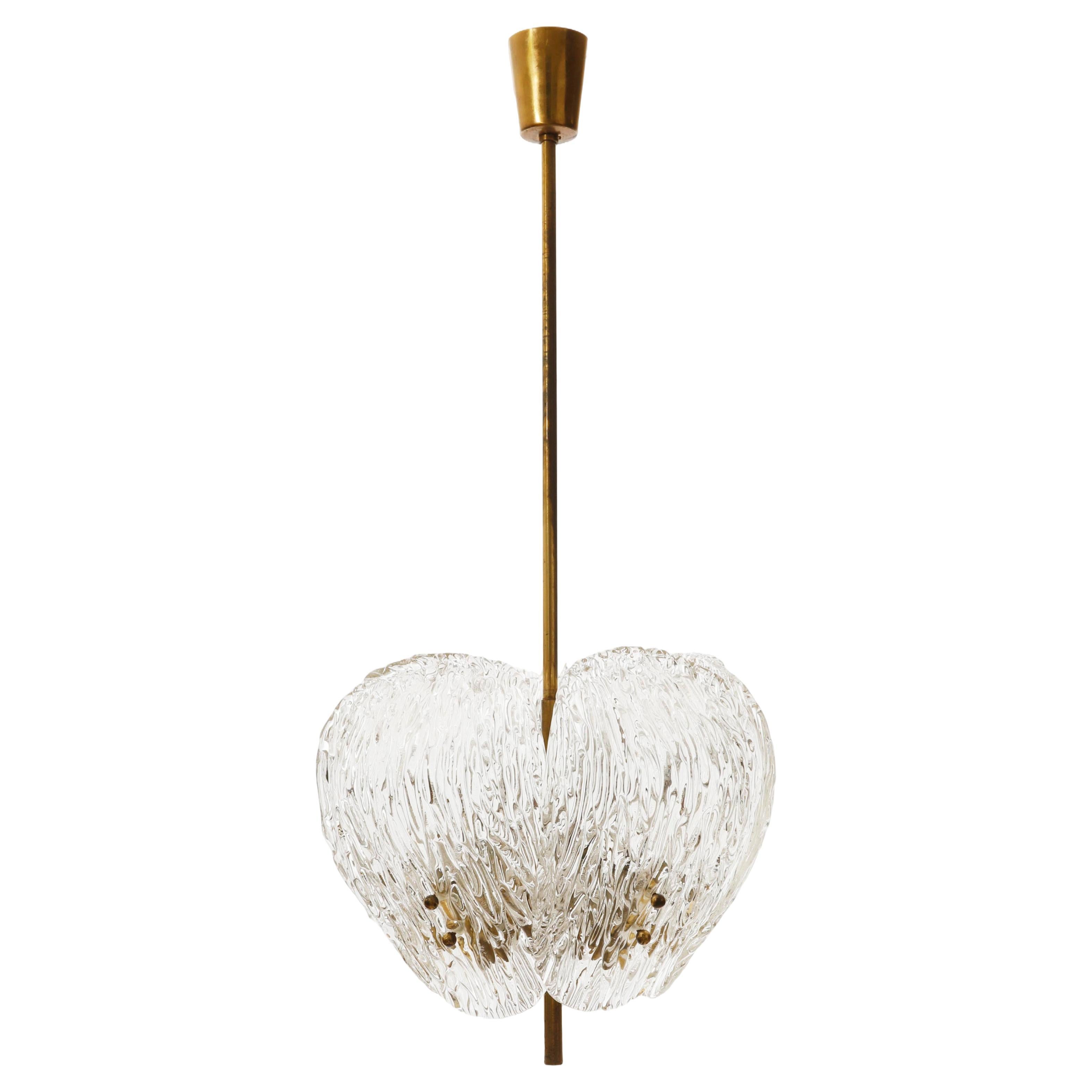 J.T. Kalmar Pendant Light Chandelier, Patinated Brass and Textured Glass, 1960s 3
