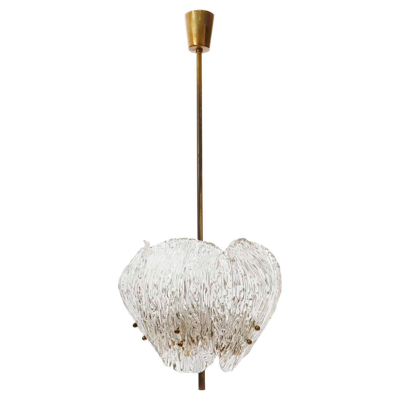 J.T. Kalmar Pendant Light Chandelier, Patinated Brass and Textured Glass, 1960s 2