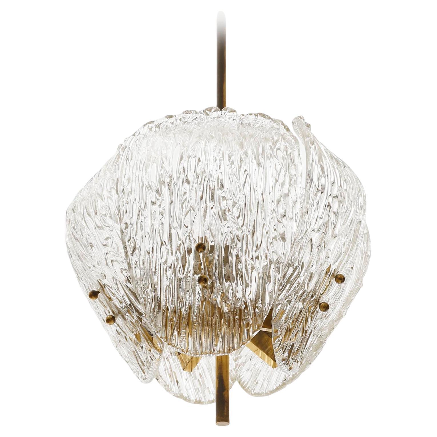 J.T. Kalmar Pendant Light Chandelier, Patinated Brass and Textured Glass, 1960s