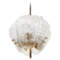 Vintage J.T. Kalmar Pendant Light Chandelier, Patinated Brass and Textured Glass, 1960s