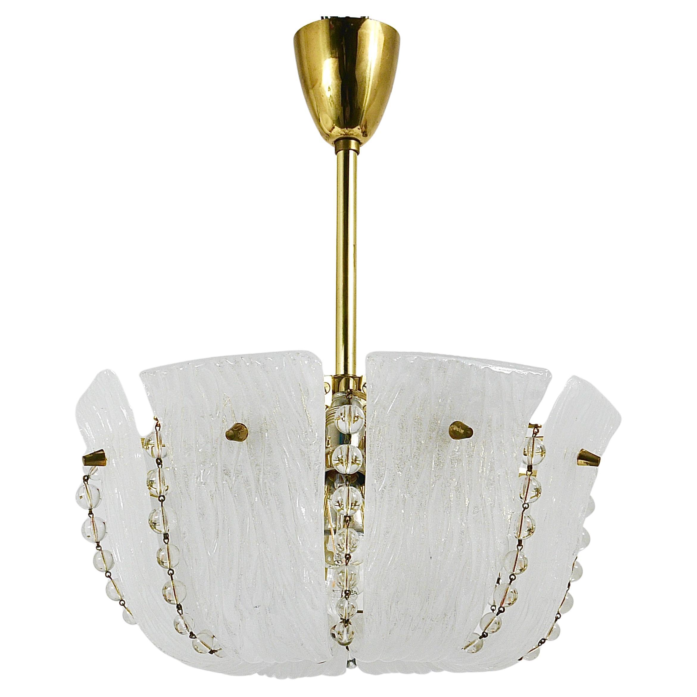 J.T. Kalmar Petite Curved Basket Chandelier, Brass & Glass, Austria, 1950s