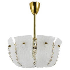 J.T. Kalmar Petite Curved Basket Chandelier, Brass & Glass, Austria, 1950s