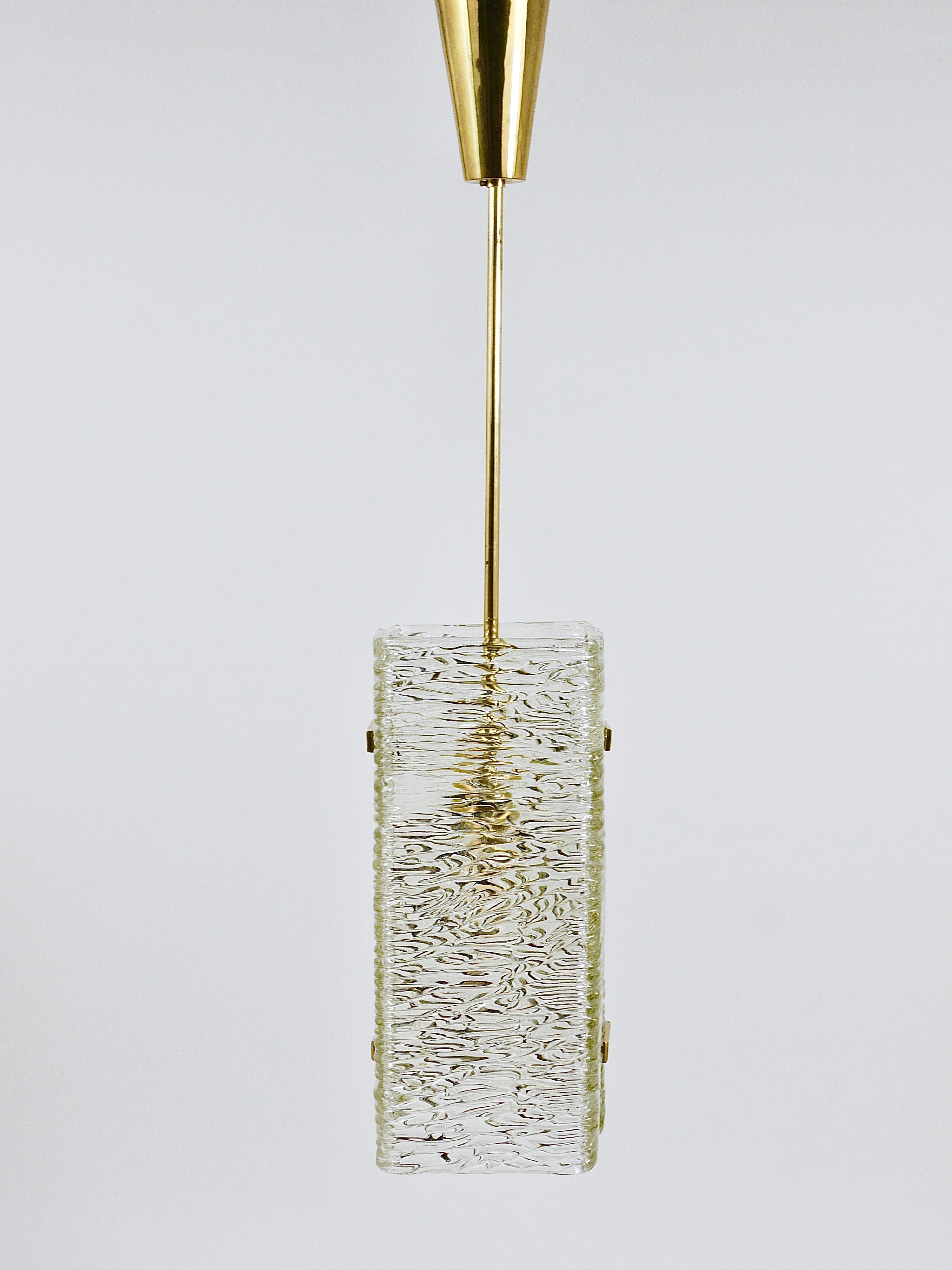 XX secolo J.T. Kalmar Rectangular Textured Glass & Brass Chandelier, Pendant Lamp, 1950s in vendita