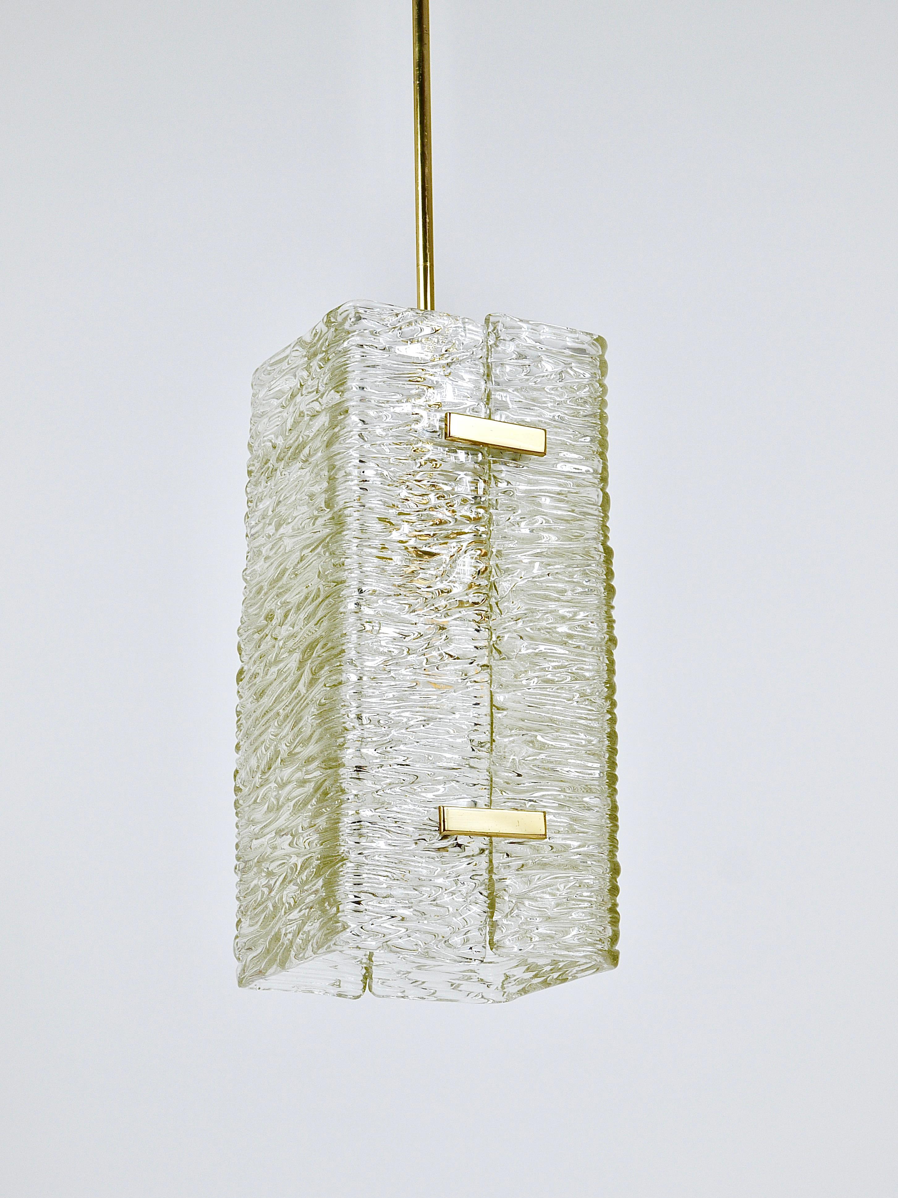 J.T. Kalmar Rectangular Textured Glass & Brass Chandelier, Pendant Lamp, 1950s in vendita 1