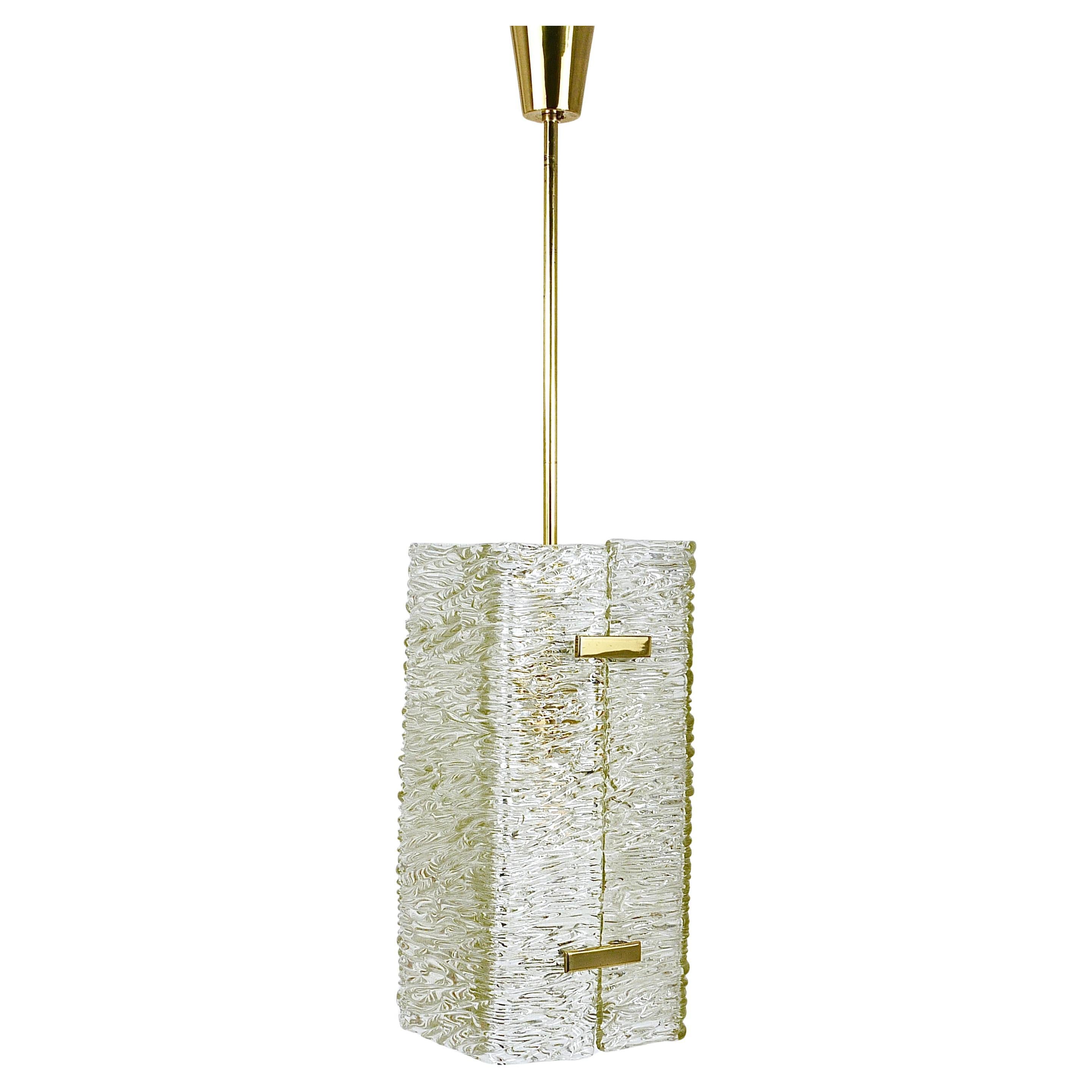 J.T. Kalmar Rectangular Textured Glass & Brass Chandelier, Pendant Lamp, 1950s in vendita
