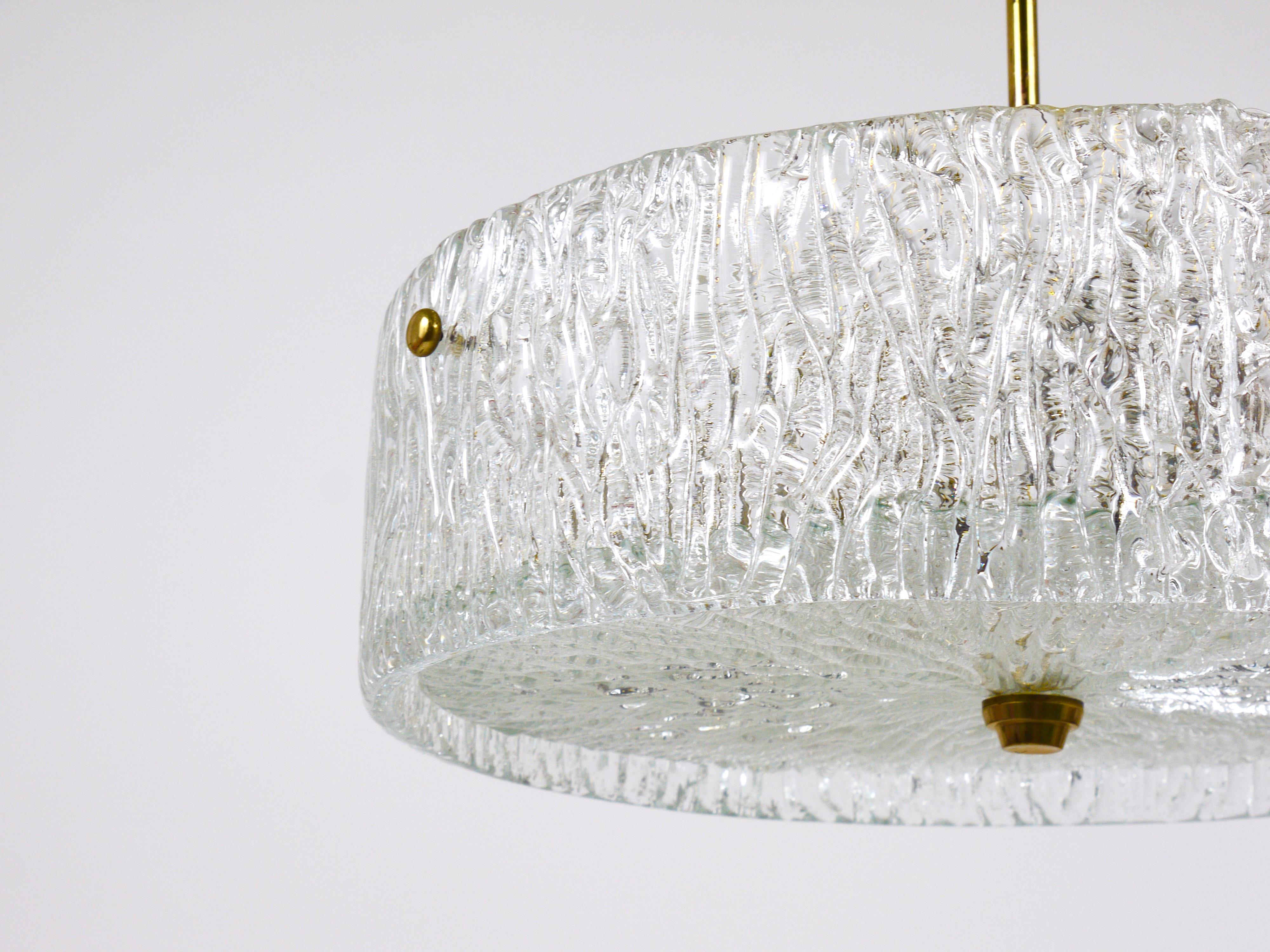 J.T. Kalmar Round Textured Glass Ring & Brass Chandelier, Pendant Lamp, 1950s For Sale 3