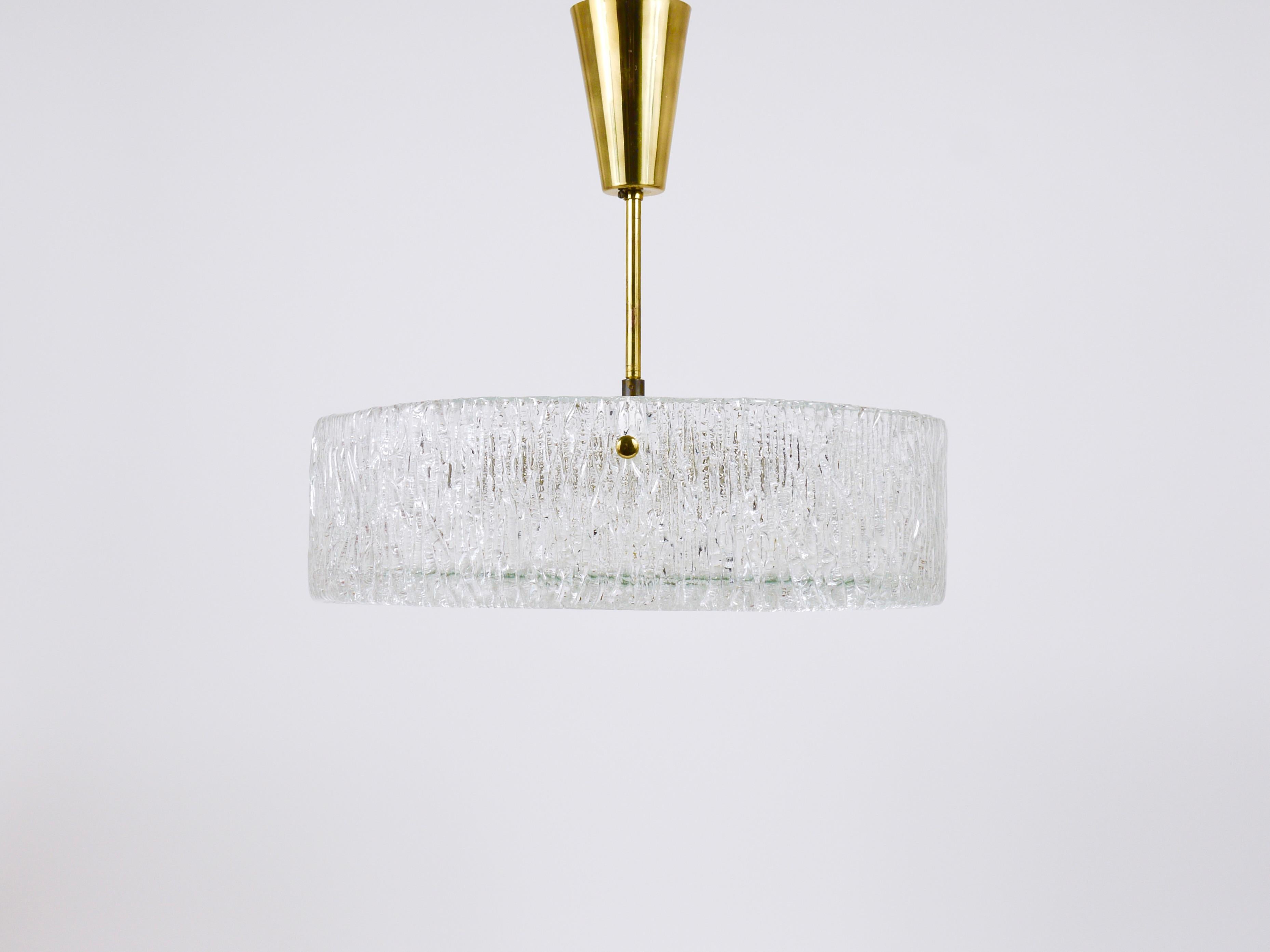 J.T. Kalmar Round Textured Glass Ring & Brass Chandelier, Pendant Lamp, 1950s For Sale 7