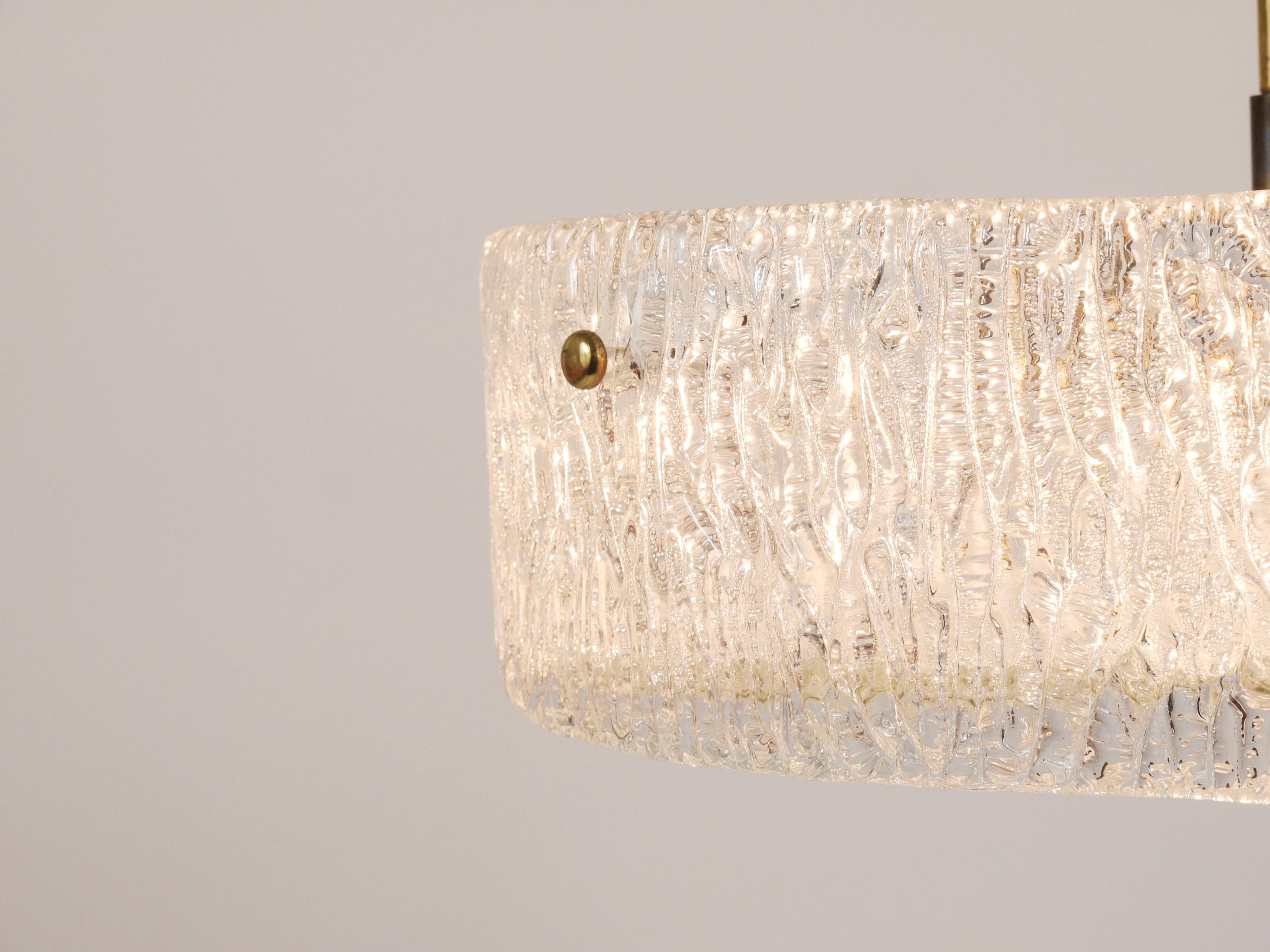 Austrian J.T. Kalmar Round Textured Glass Ring & Brass Chandelier, Pendant Lamp, 1950s For Sale