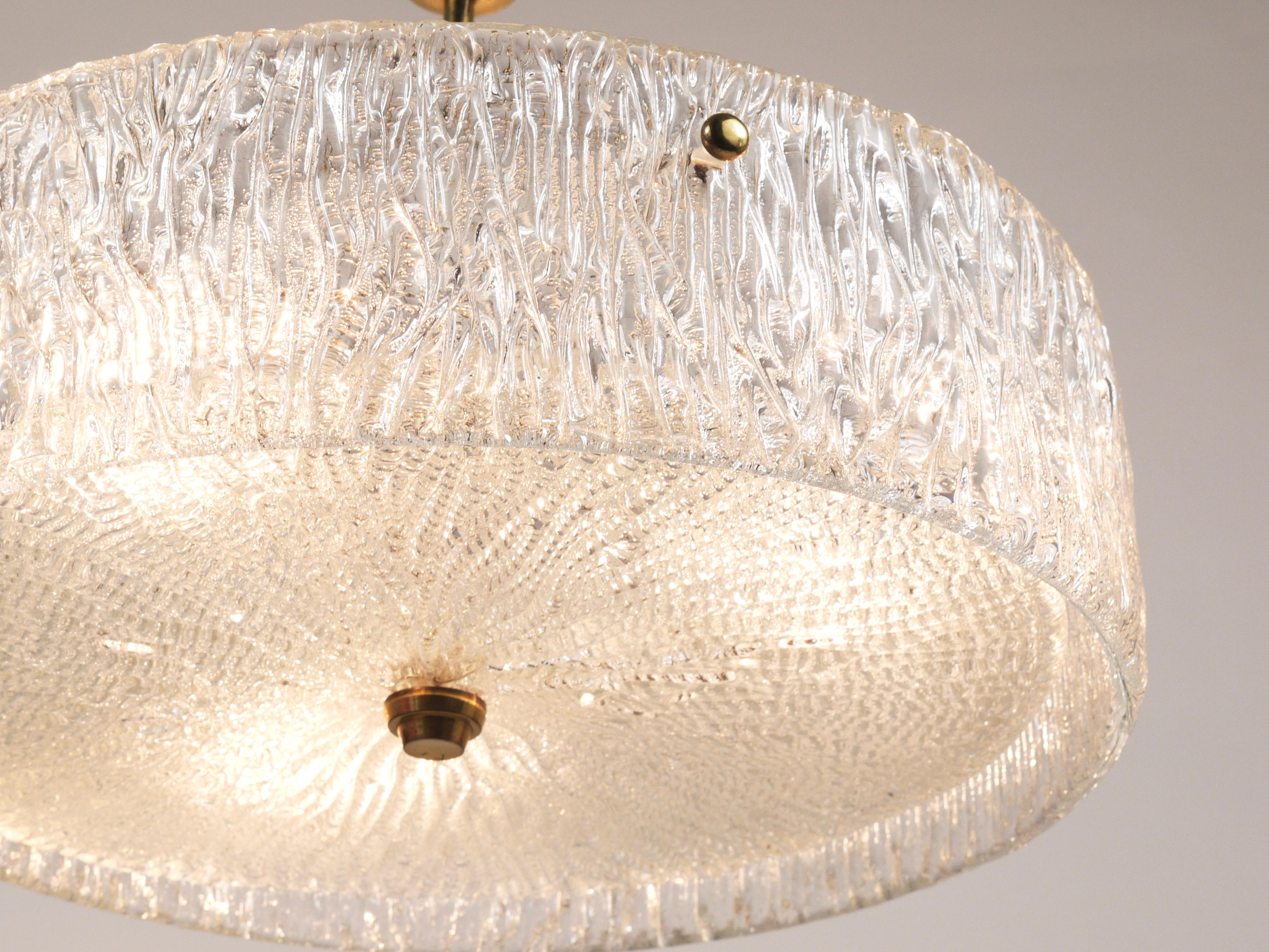 20th Century J.T. Kalmar Round Textured Glass Ring & Brass Chandelier, Pendant Lamp, 1950s For Sale