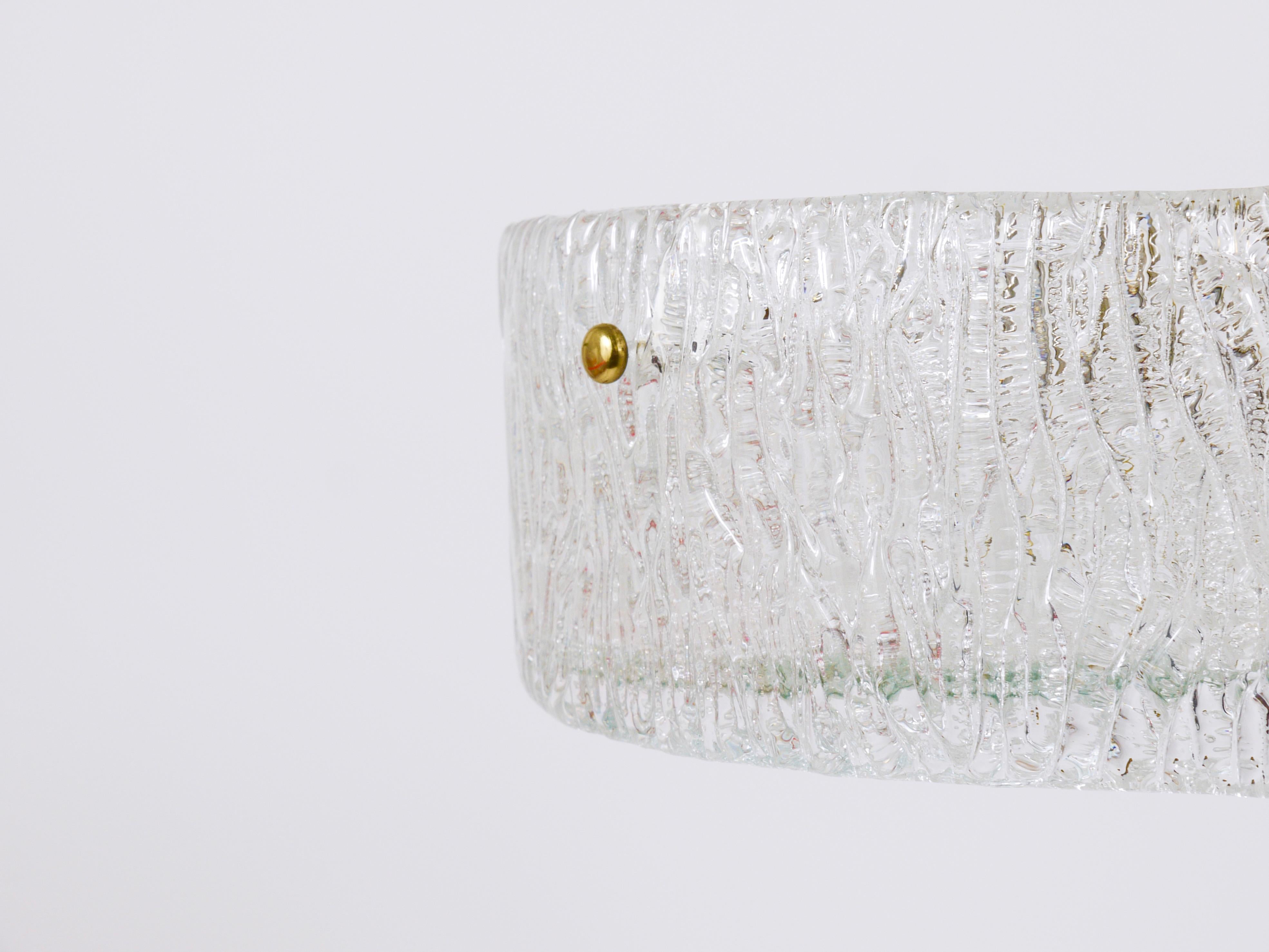 Metal J.T. Kalmar Round Textured Glass Ring & Brass Chandelier, Pendant Lamp, 1950s For Sale