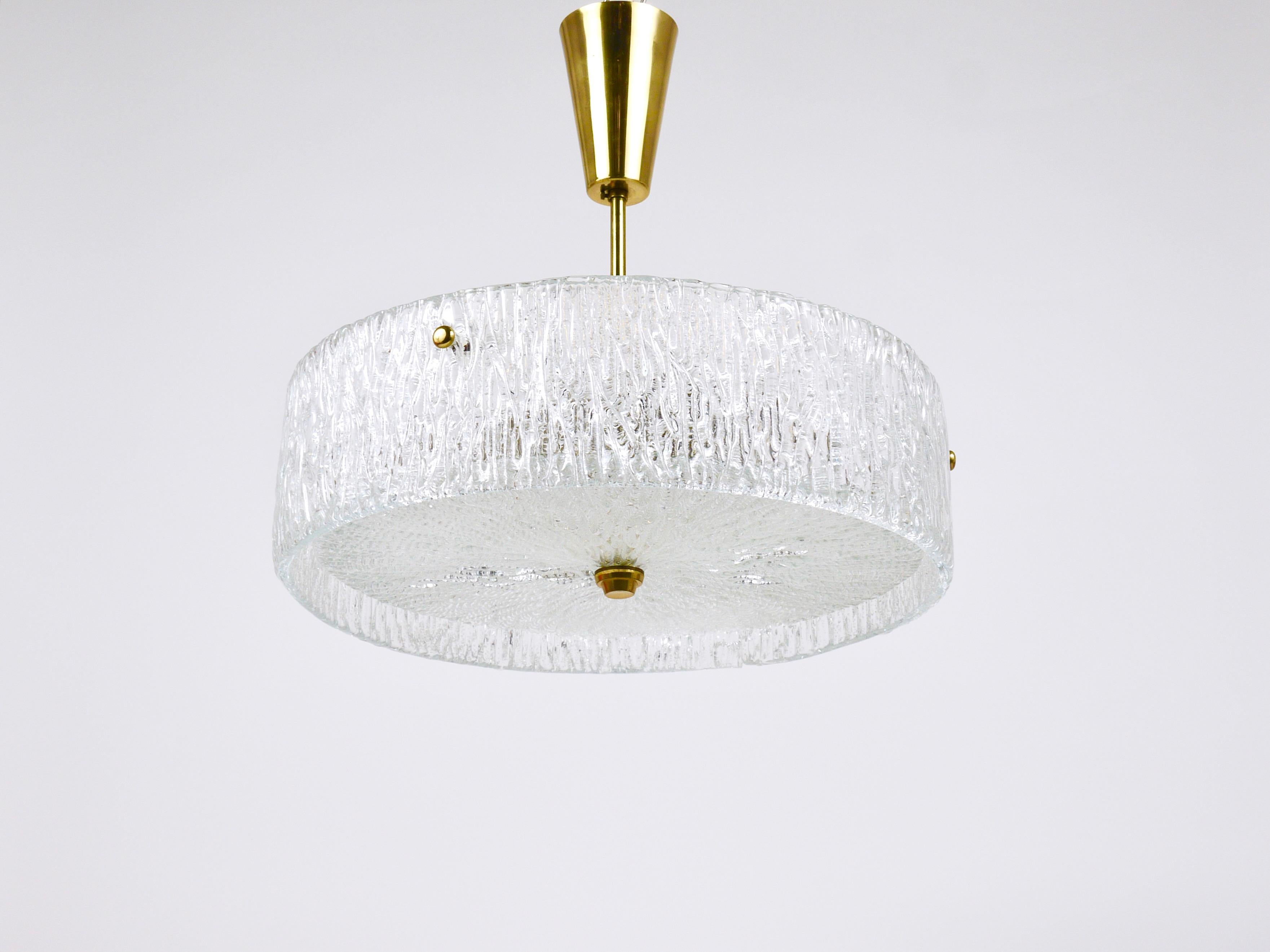 J.T. Kalmar Round Textured Glass Ring & Brass Chandelier, Pendant Lamp, 1950s For Sale 1