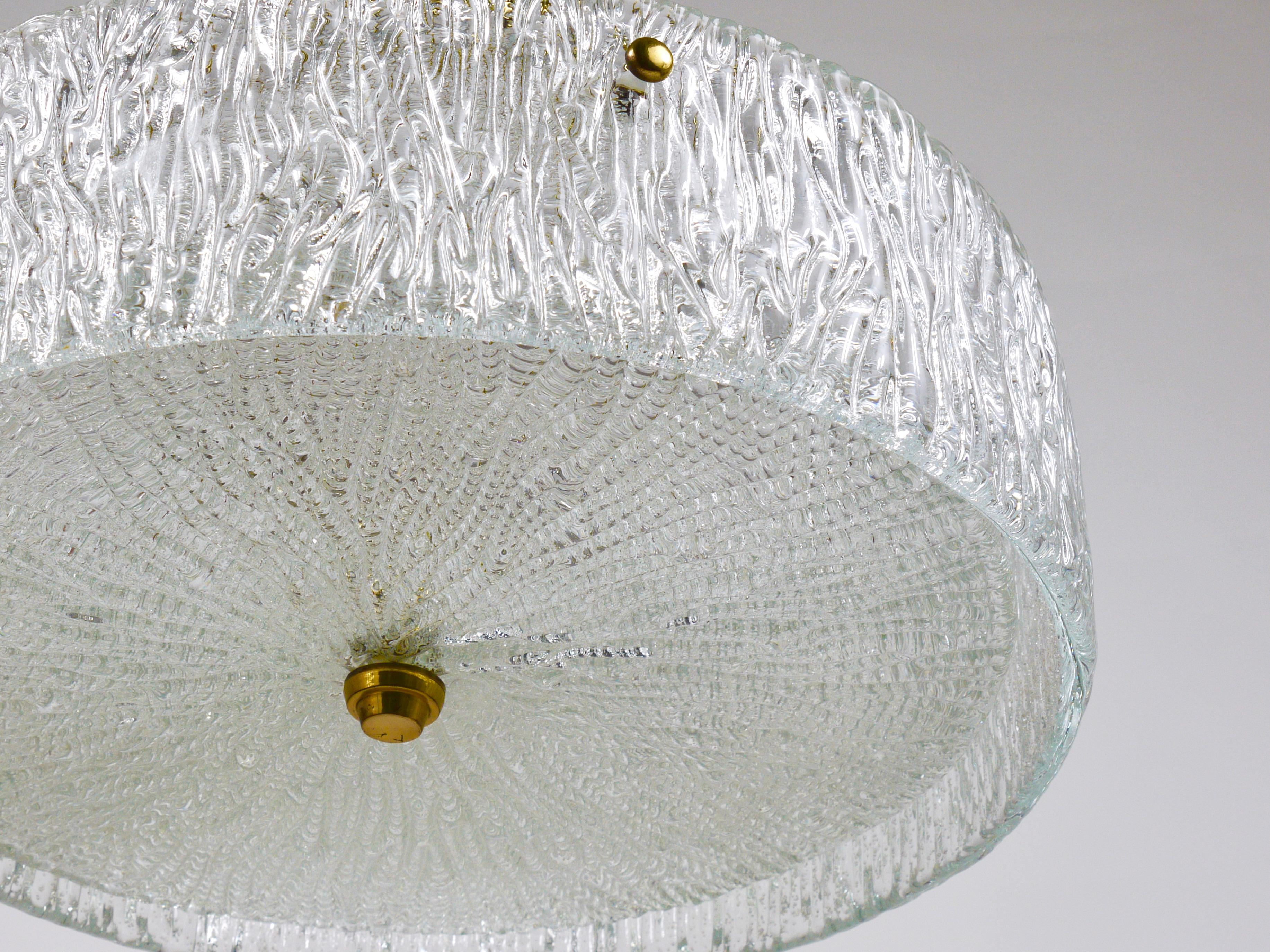 J.T. Kalmar Round Textured Glass Ring & Brass Chandelier, Pendant Lamp, 1950s For Sale 2