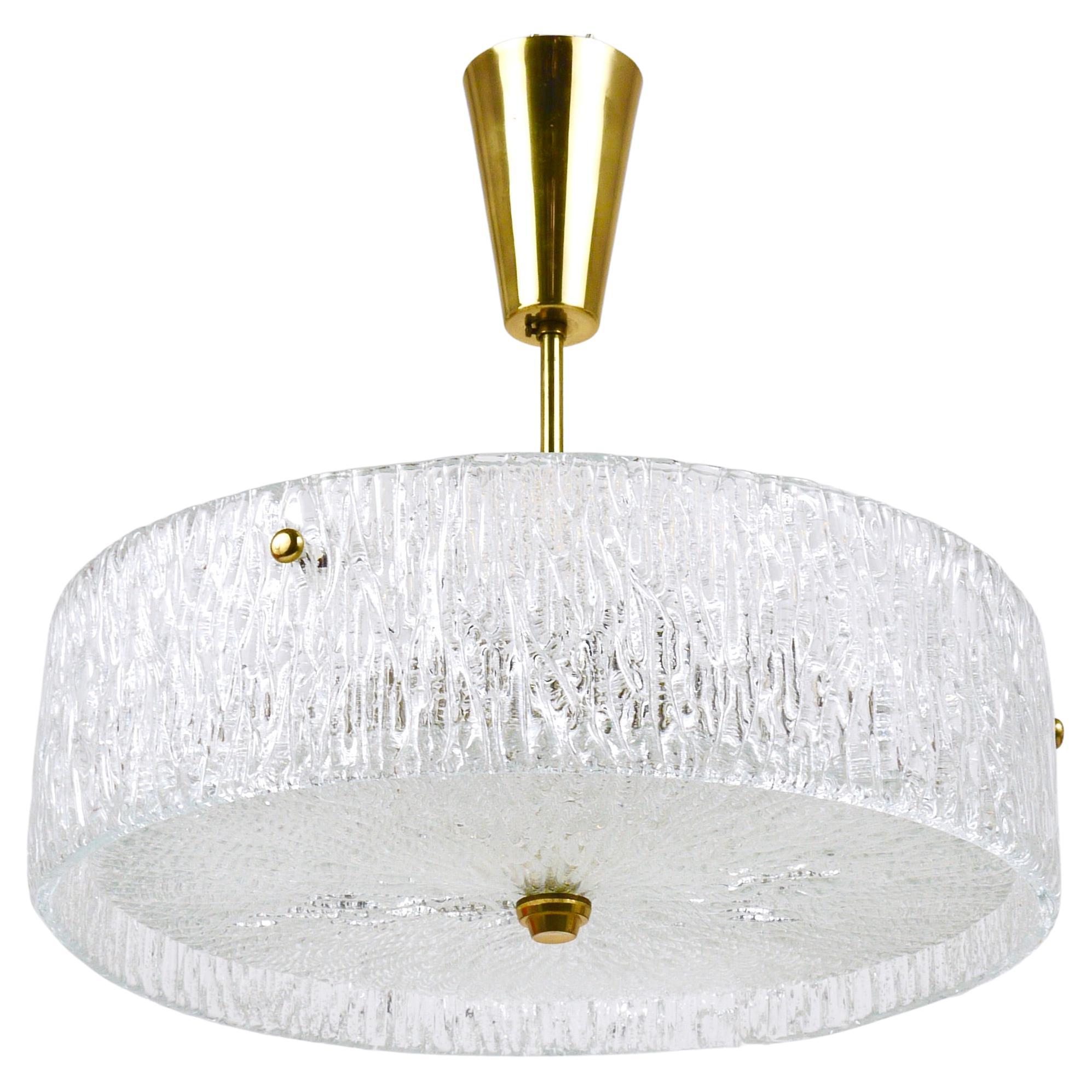 J.T. Kalmar Round Textured Glass Ring & Brass Chandelier, Pendant Lamp, 1950s For Sale
