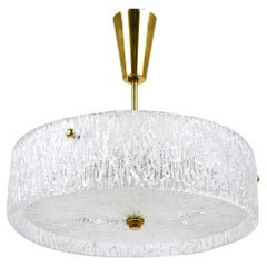 J.T. Kalmar Round Textured Glass Ring & Brass Chandelier, Pendant Lamp, 1950s