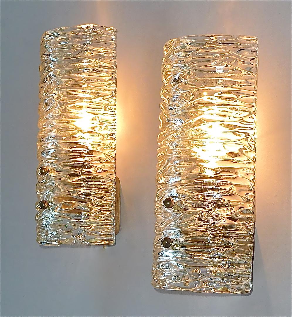 J.T. Kalmar Sconces Wall Lights Textured Murano Glass Brass Venini Style 1950s For Sale 4