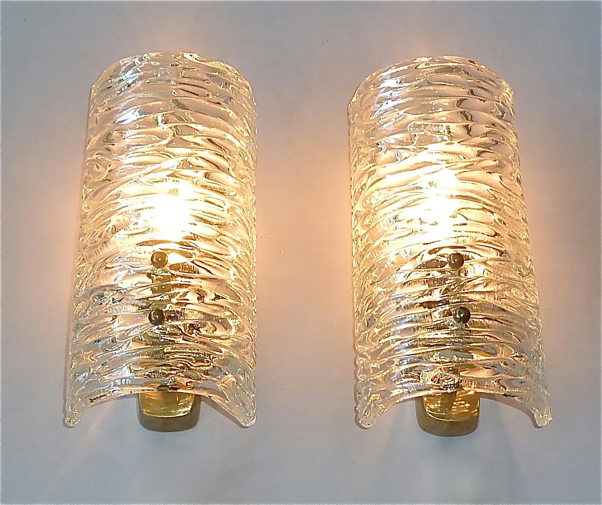 J.T. Kalmar Sconces Wall Lights Textured Murano Glass Brass Venini Style 1950s For Sale 8