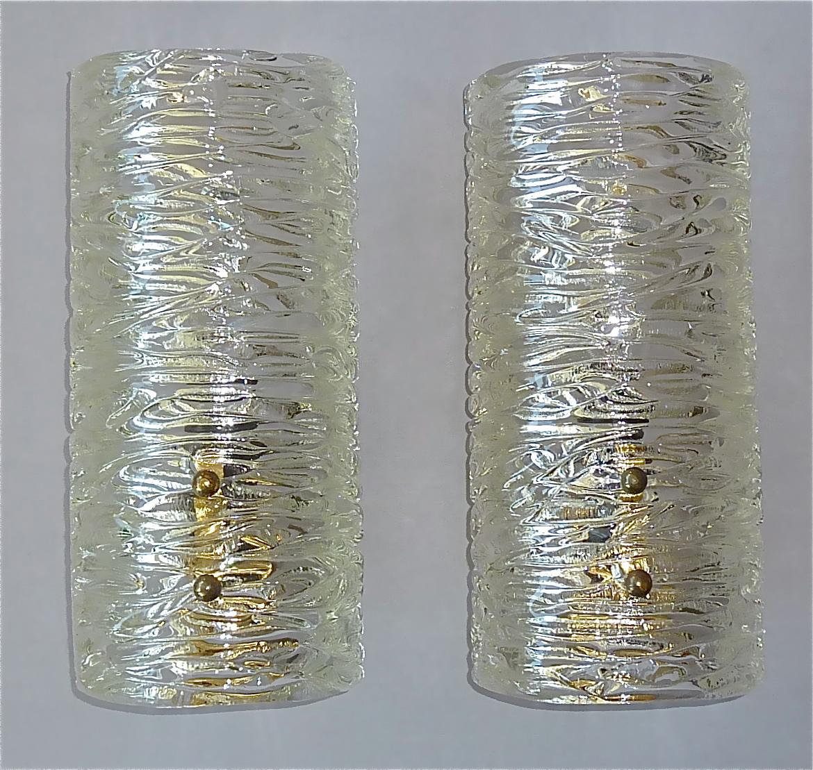 Patinated J.T. Kalmar Sconces Wall Lights Textured Murano Glass Brass Venini Style 1950s For Sale