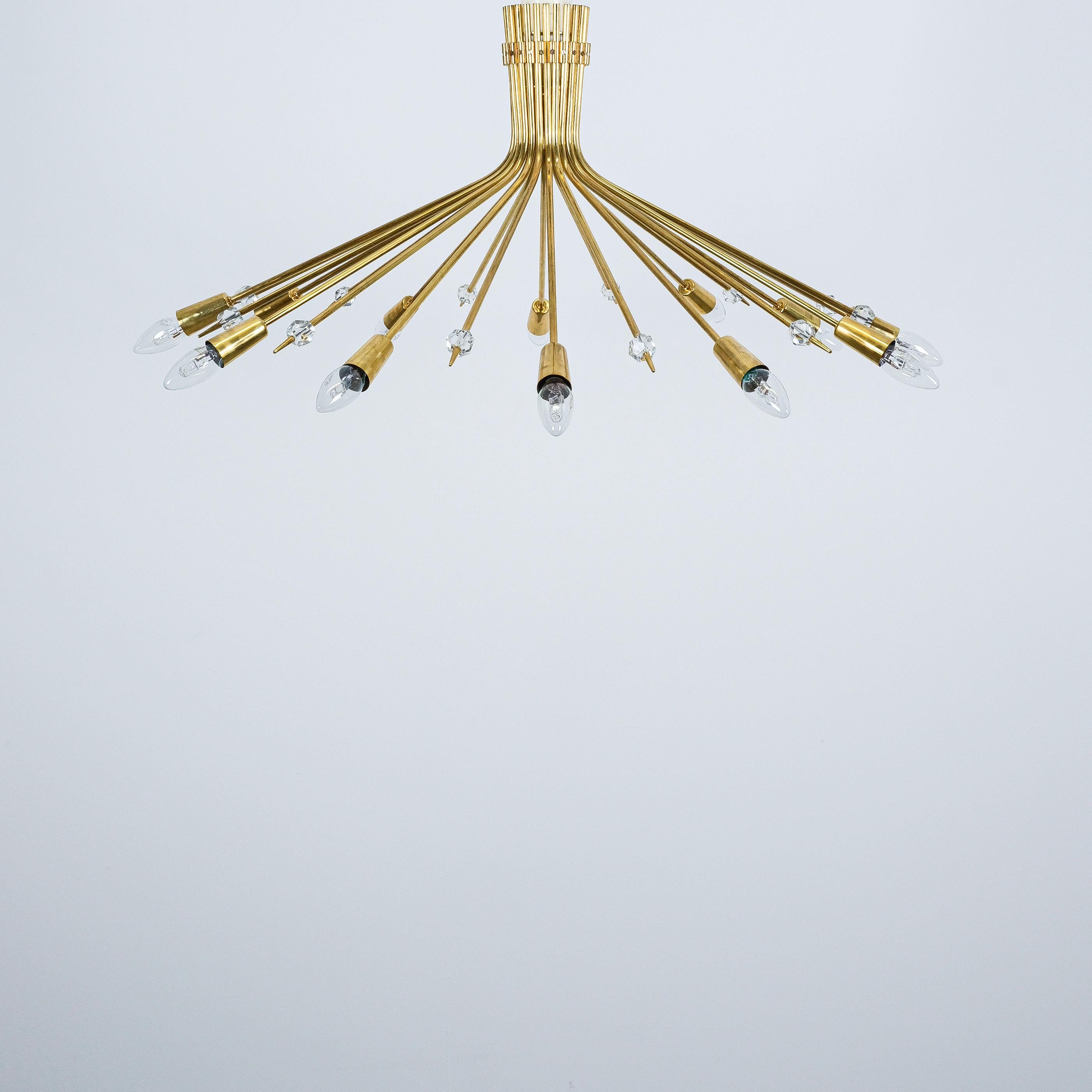 Polished J.T. Kalmar Spider Brass Flush Mount Lamp Chandelier Refurbished, Austria 1950 For Sale