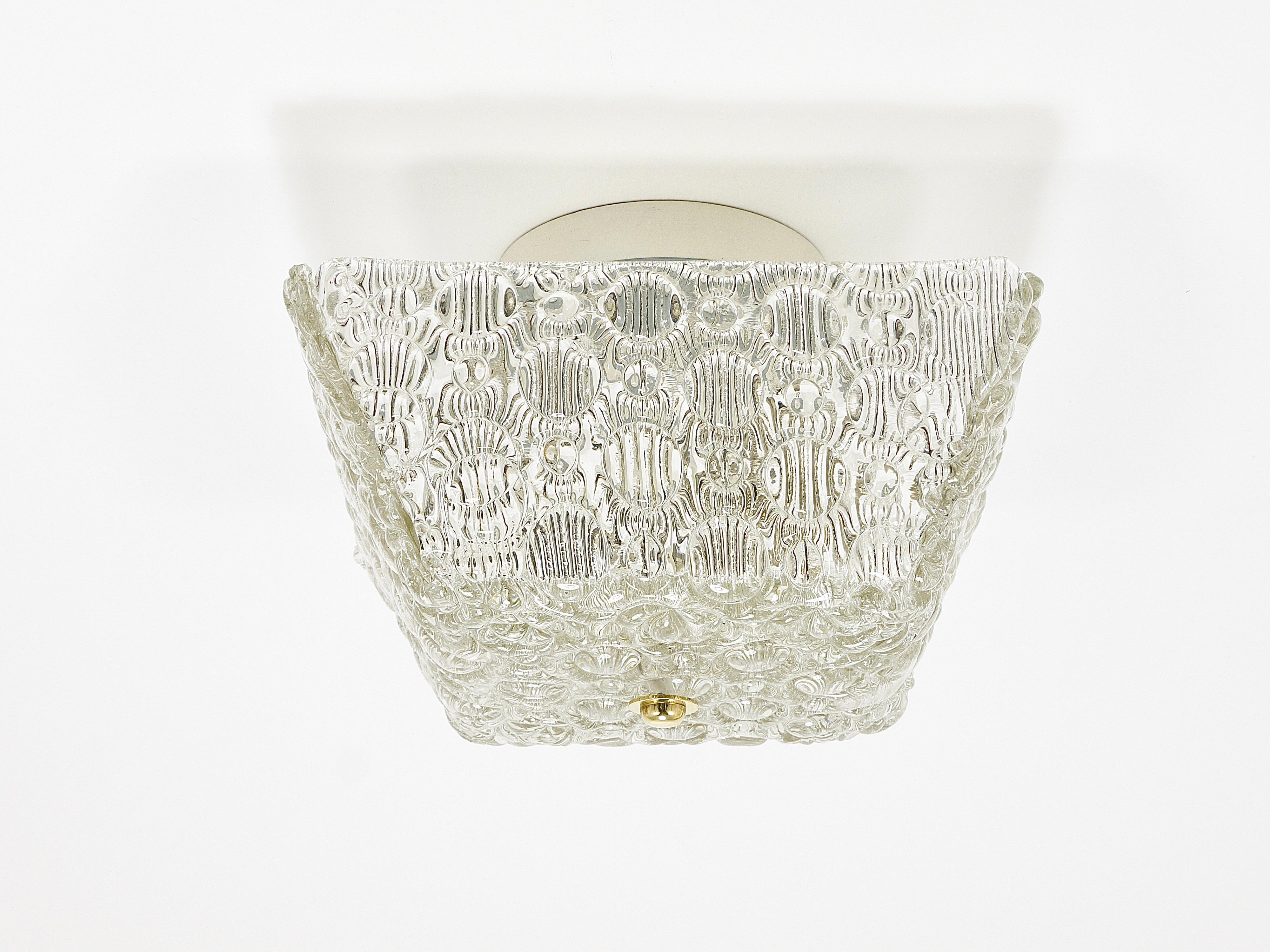 J.T Kalmar Square Brass & Textured Glass Flush Mount Ceiling Light, 1950s For Sale 4