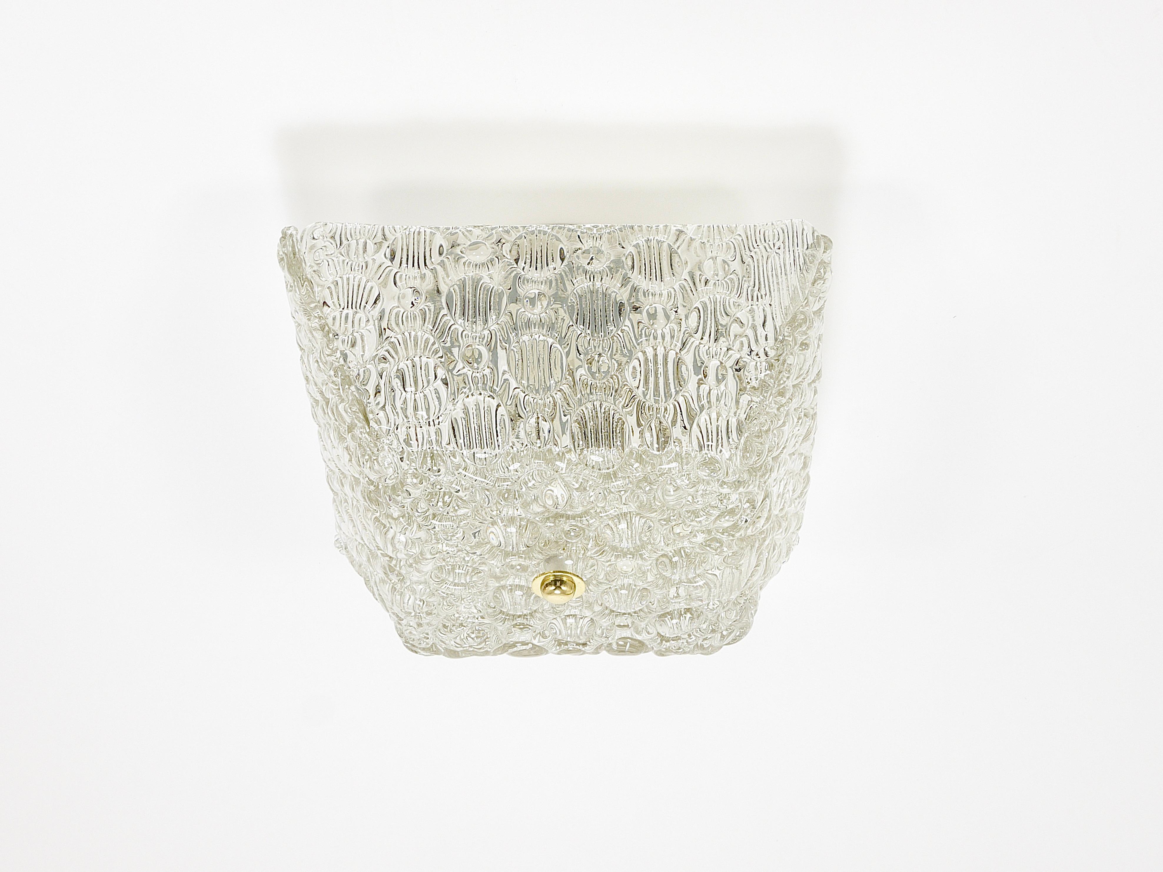 J.T Kalmar Square Brass & Textured Glass Flush Mount Ceiling Light, 1950s For Sale 5