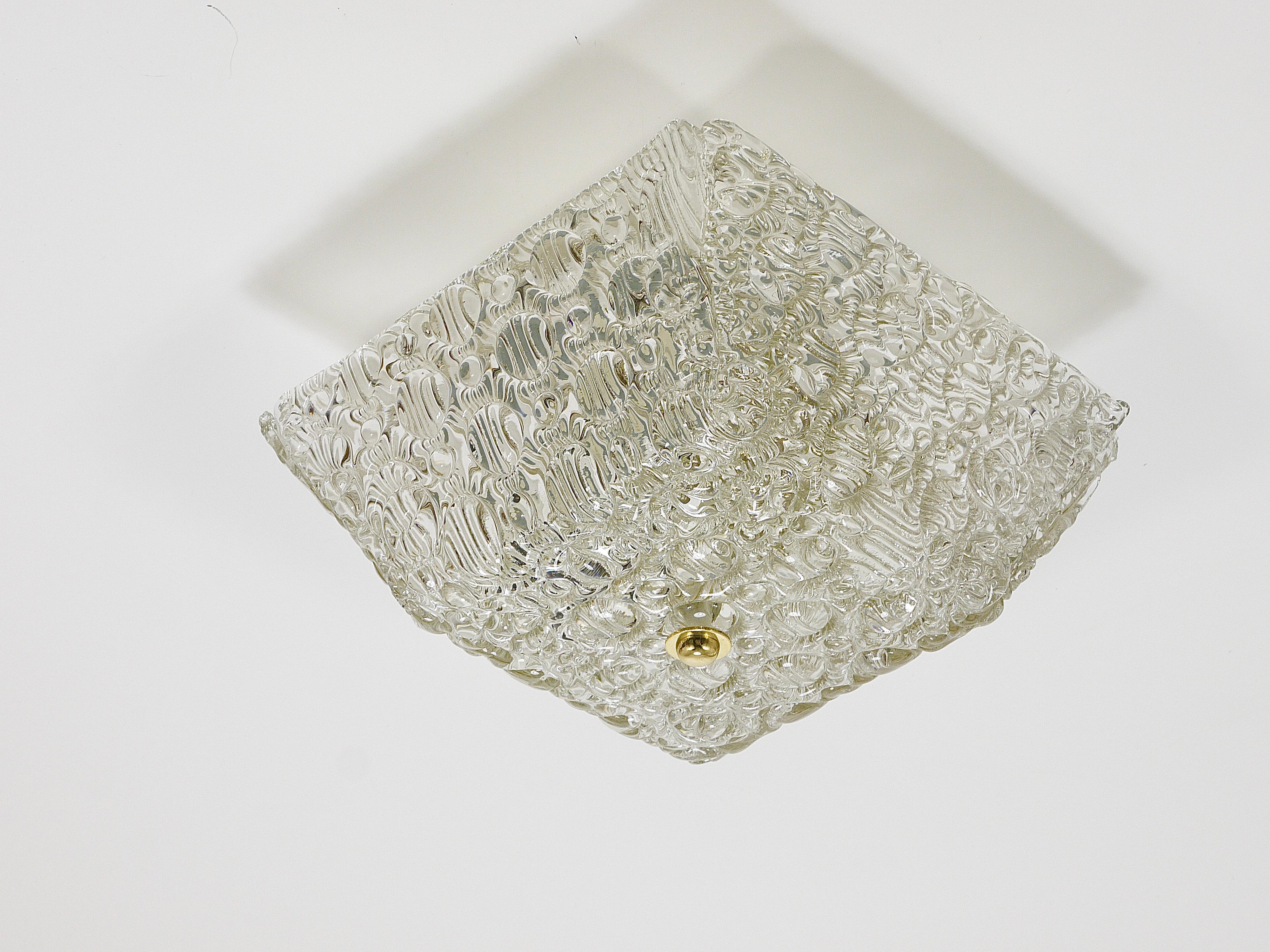 J.T Kalmar Square Brass & Textured Glass Flush Mount Ceiling Light, 1950s For Sale 9