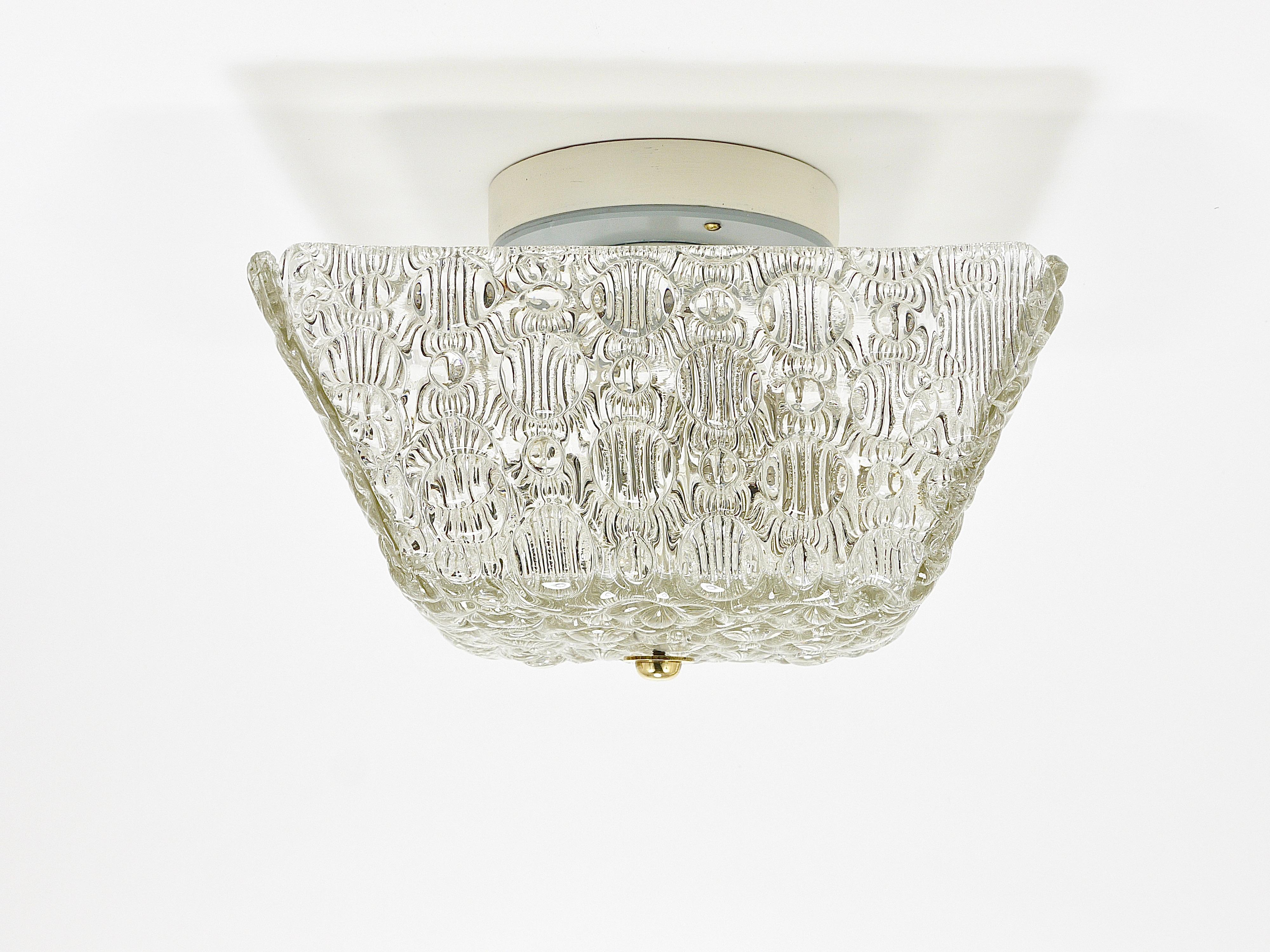 Mid-Century Modern J.T Kalmar Square Brass & Textured Glass Flush Mount Ceiling Light, 1950s For Sale