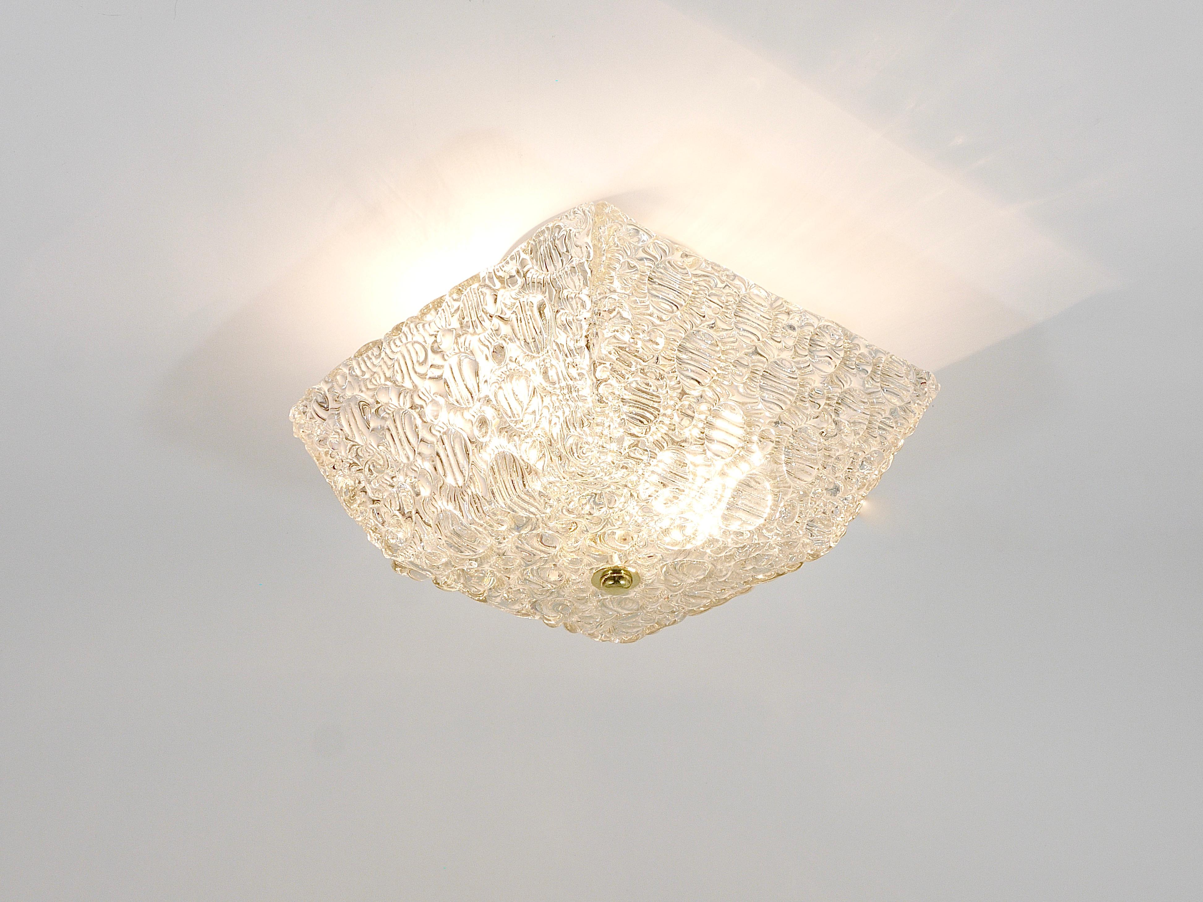 20th Century J.T Kalmar Square Brass & Textured Glass Flush Mount Ceiling Light, 1950s For Sale