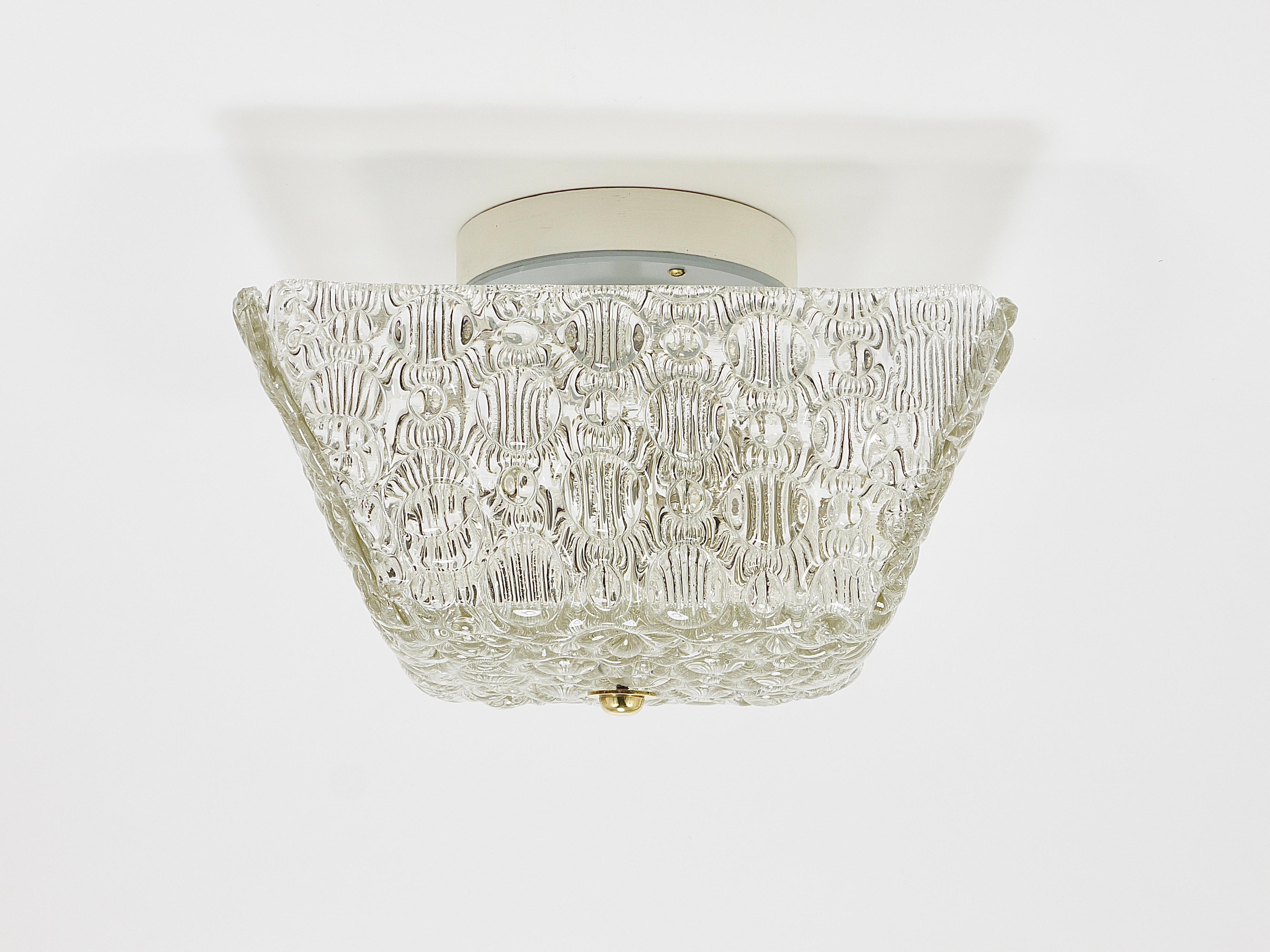 J.T Kalmar Square Brass & Textured Glass Flush Mount Ceiling Light, 1950s For Sale 2