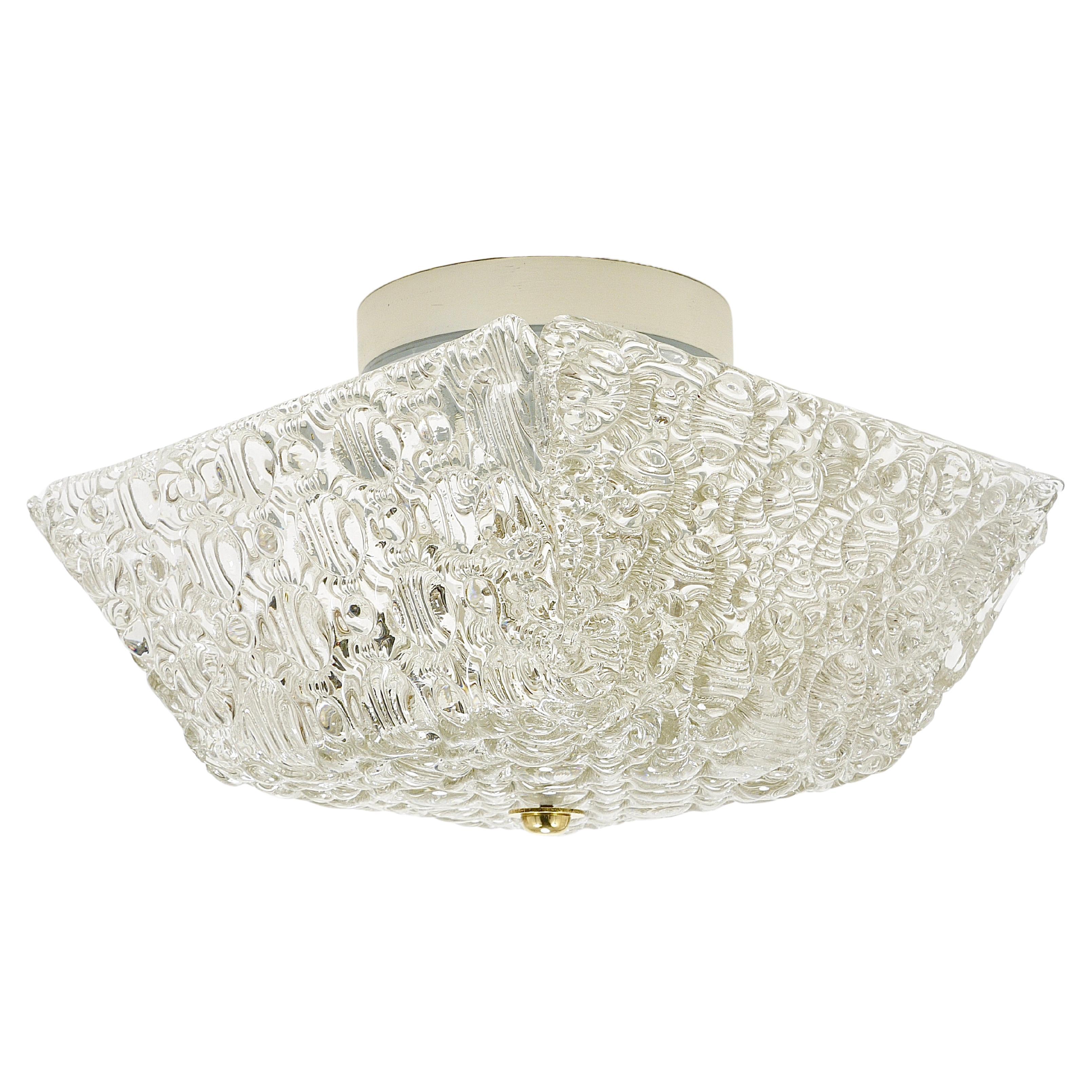 J.T Kalmar Square Brass & Textured Glass Flush Mount Ceiling Light, années 1950