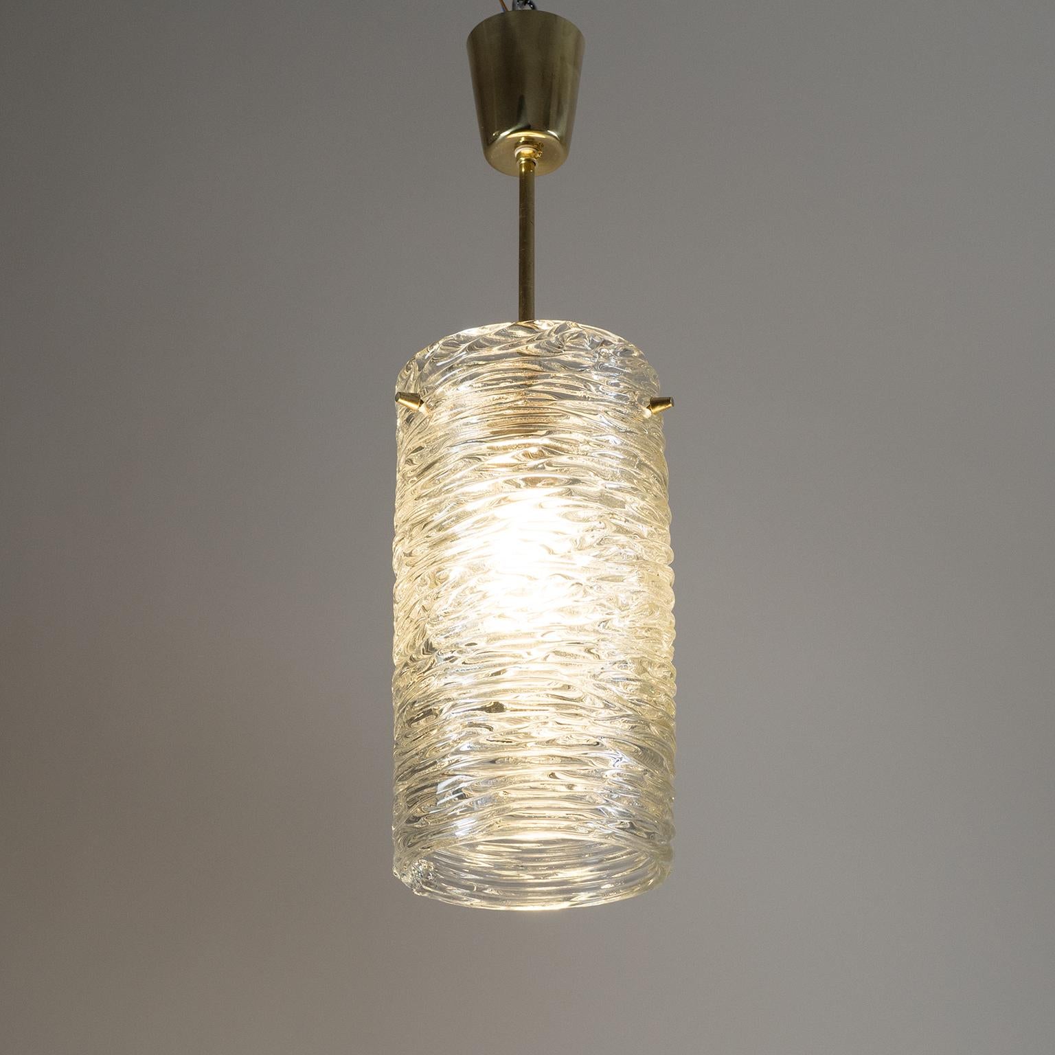 Brass J.T. Kalmar Textured Glass Pendant, 1950s For Sale