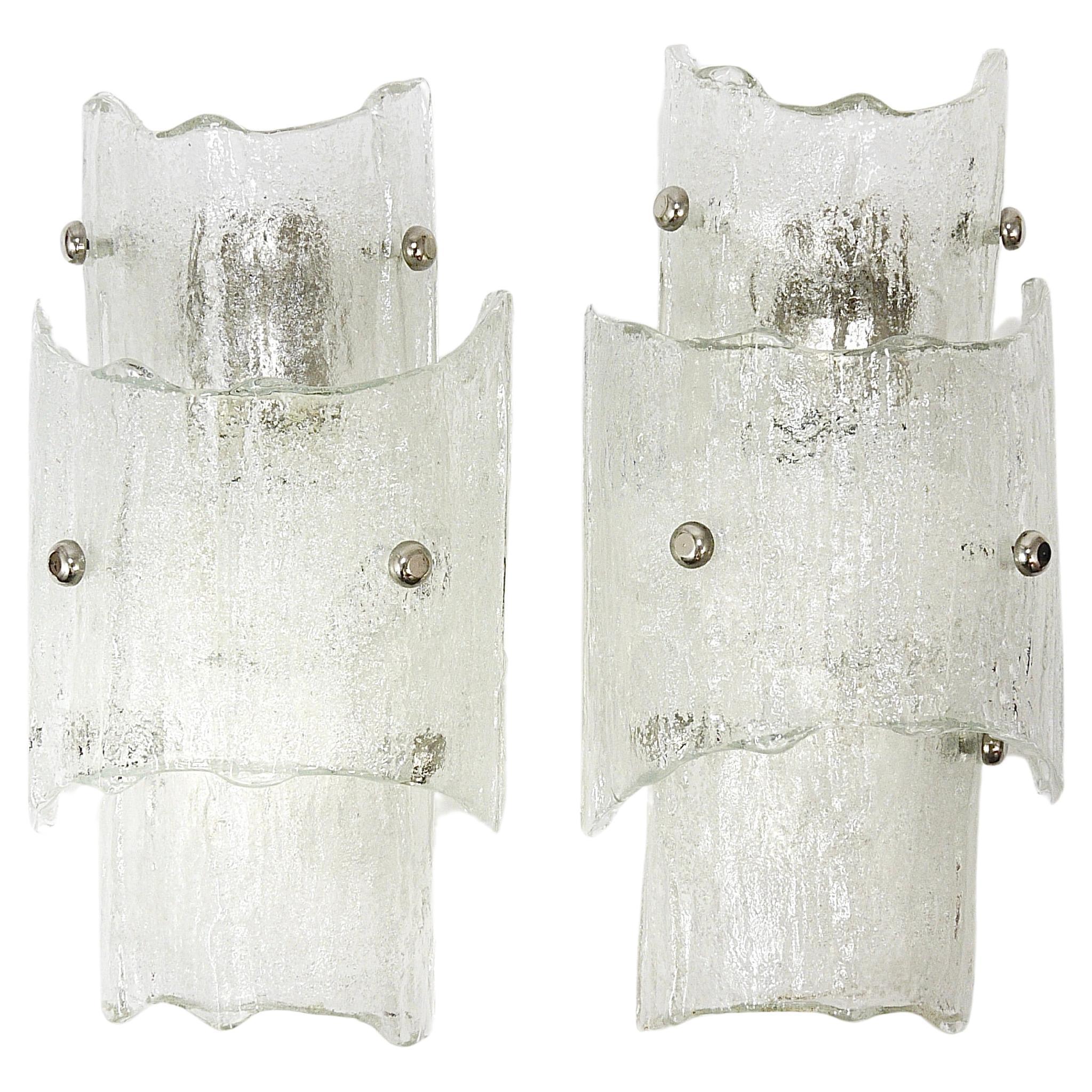 J.T. Kalmar Vienna Pair Mid-Century Frosted Ice Glass Sconces, Austria, 1960s