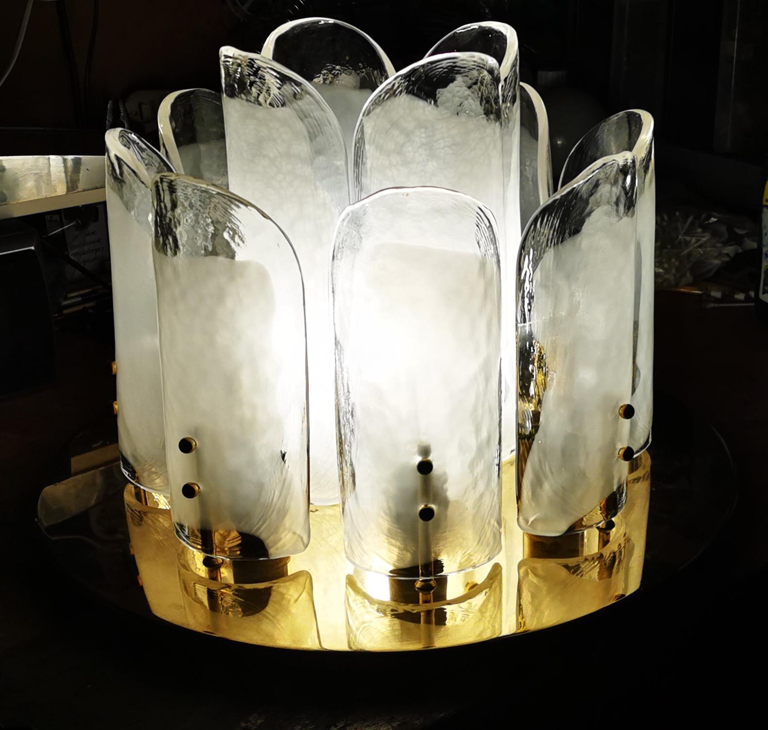 Frosted J.T. Kalmer large Brass Ice Glass Chandelier For Sale