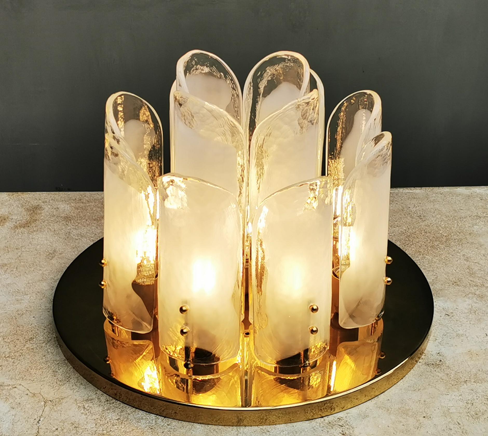 Mid-20th Century J.T. Kalmer large Brass Ice Glass Chandelier For Sale