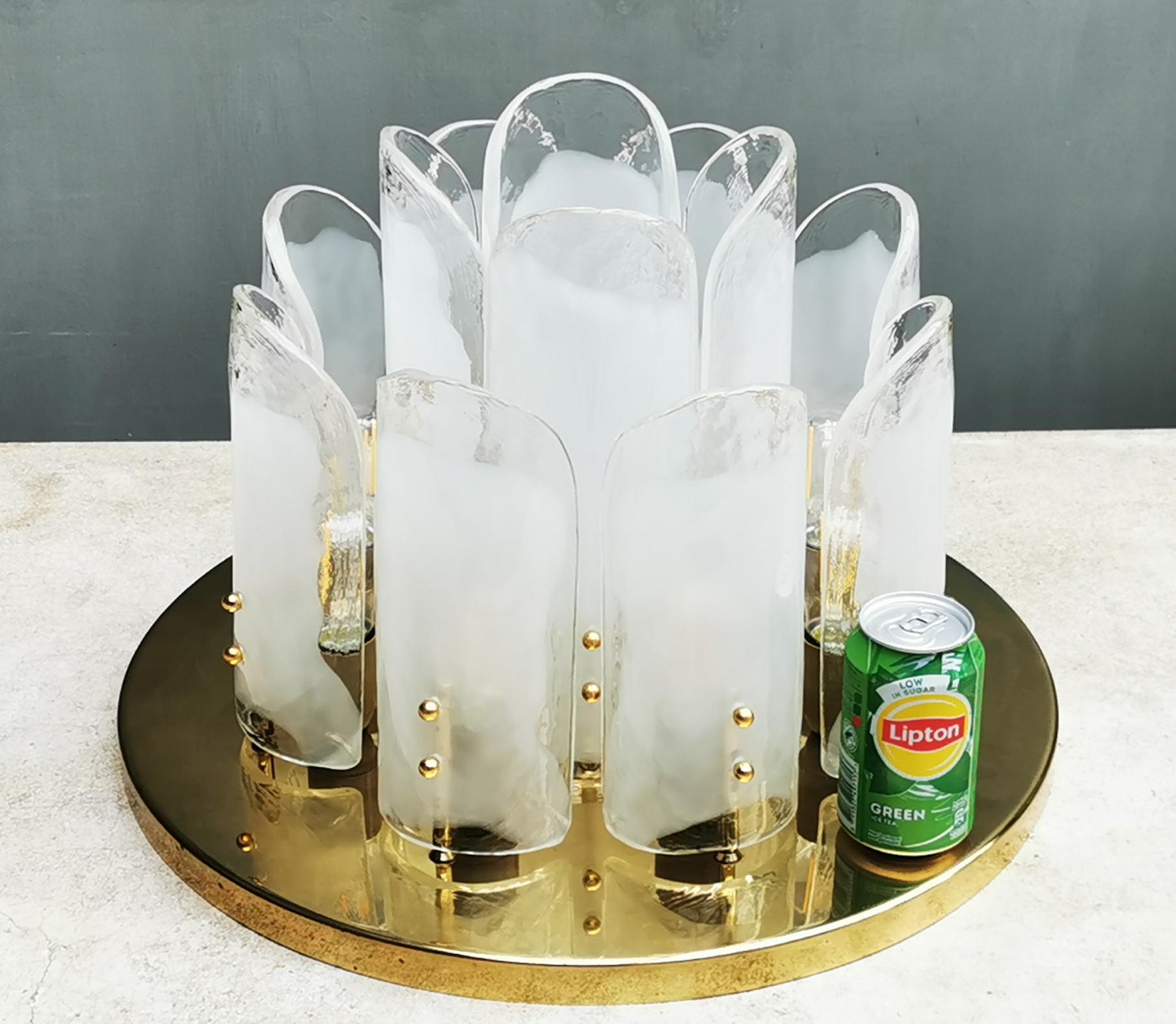 J.T. Kalmer large Brass Ice Glass Chandelier For Sale 3