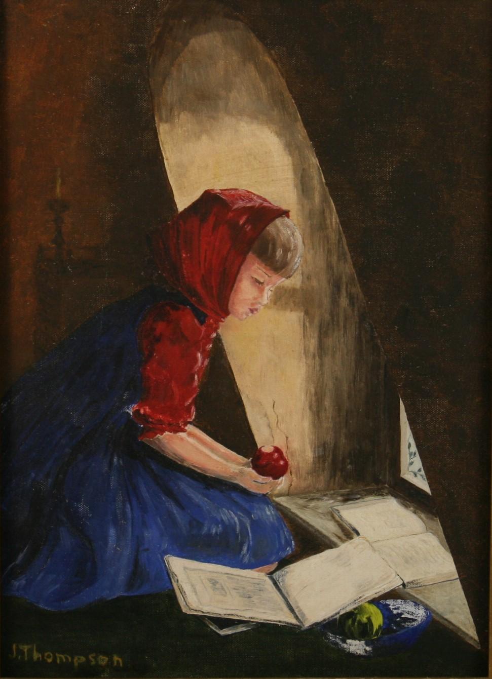 Impressionistisches junges weibliches Acrylgemälde, Mädchen beim Schaufenster Lesen, Mädchen – Painting von J.Thompson