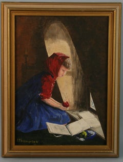 Impressionistisches junges weibliches Acrylgemälde, Mädchen beim Schaufenster Lesen, Mädchen