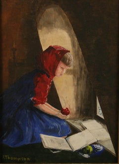 Pintura al Óleo Impresionista Joven Femenina Chica en la Ventana Leyendo