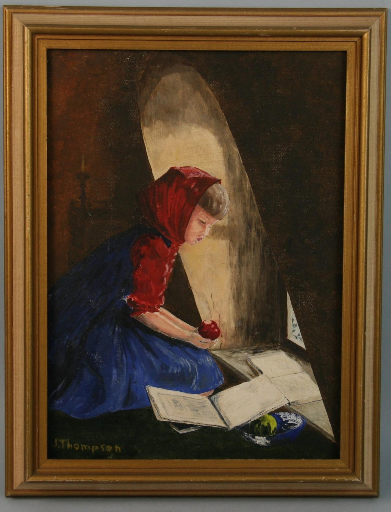 J.Thompson Figurative Painting - Impressionist Young Female Oil Painting Girl at Window Reading