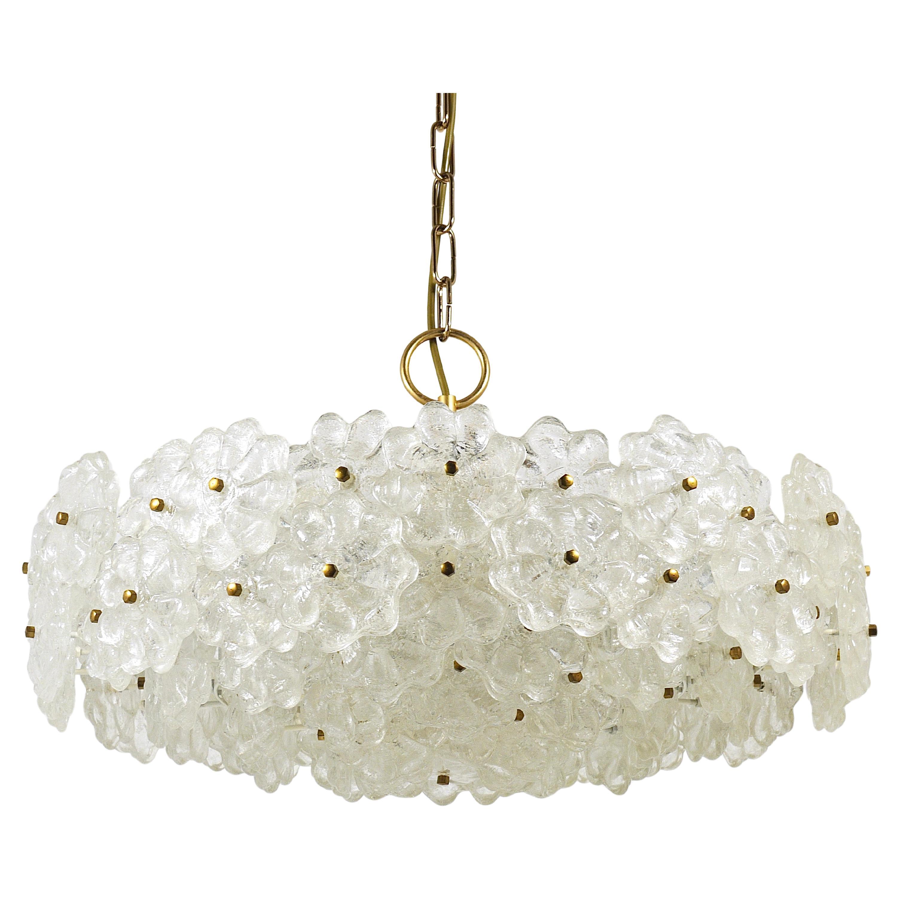 J.T.Kalmar Large Mid-Century Glass Flower Gilt Brass Chandelier, Austria, 1960s