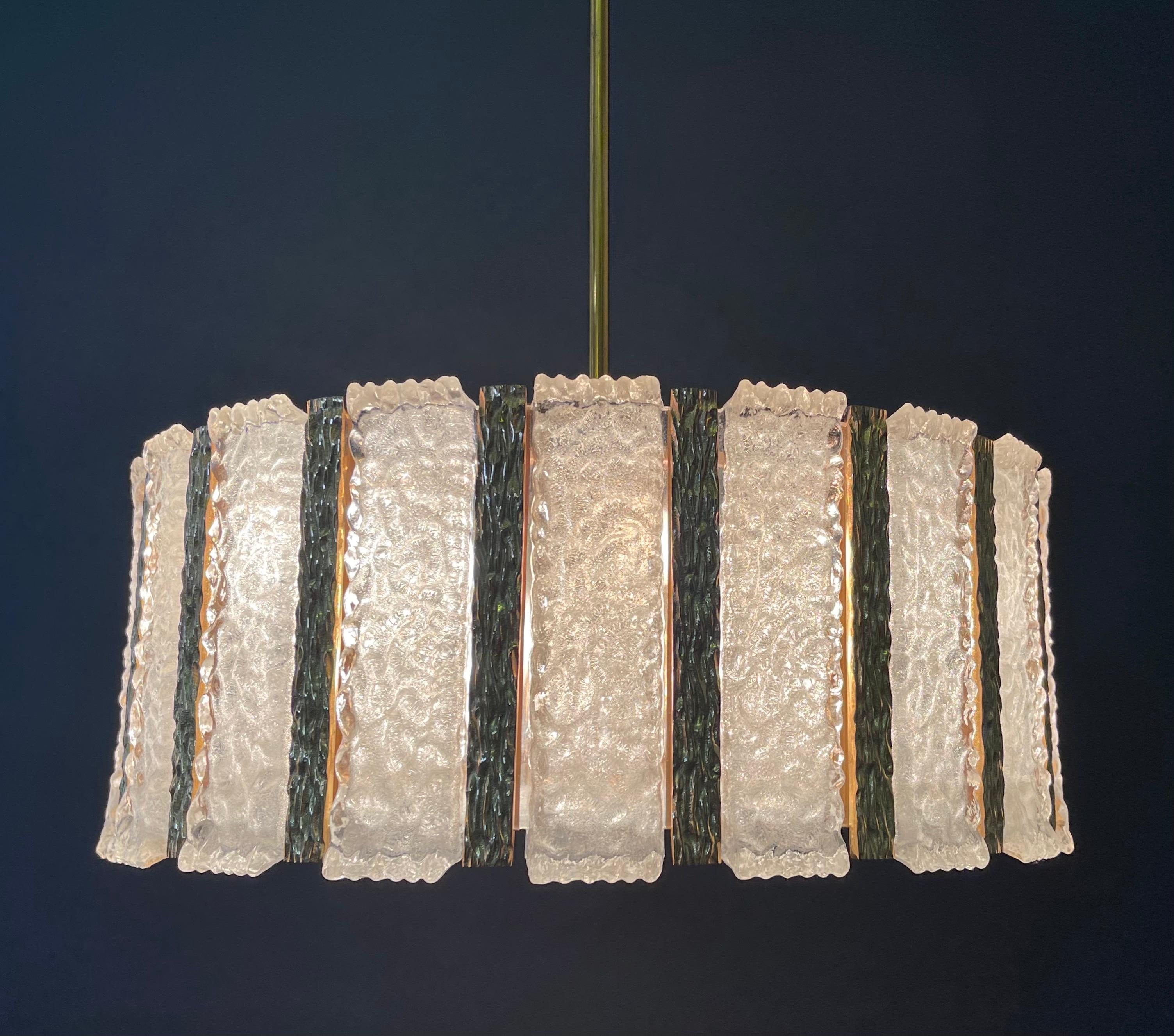 Mid-Century Modern J.T.Kalmar Pair of Ice Glass Drum Chandeliers, ca. 1960s For Sale