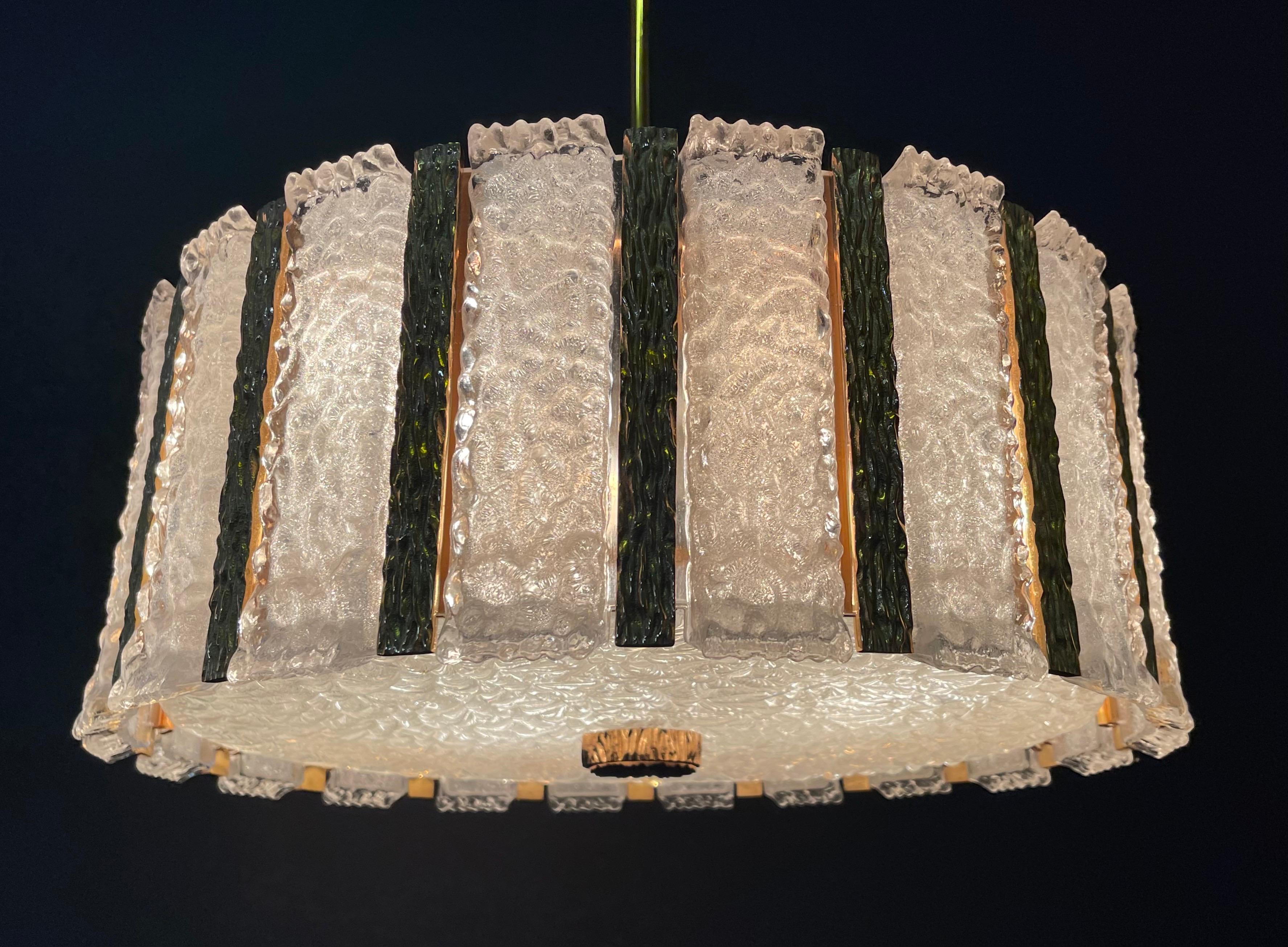 Mid-20th Century J.T.Kalmar Pair of Ice Glass Drum Chandeliers, ca. 1960s For Sale
