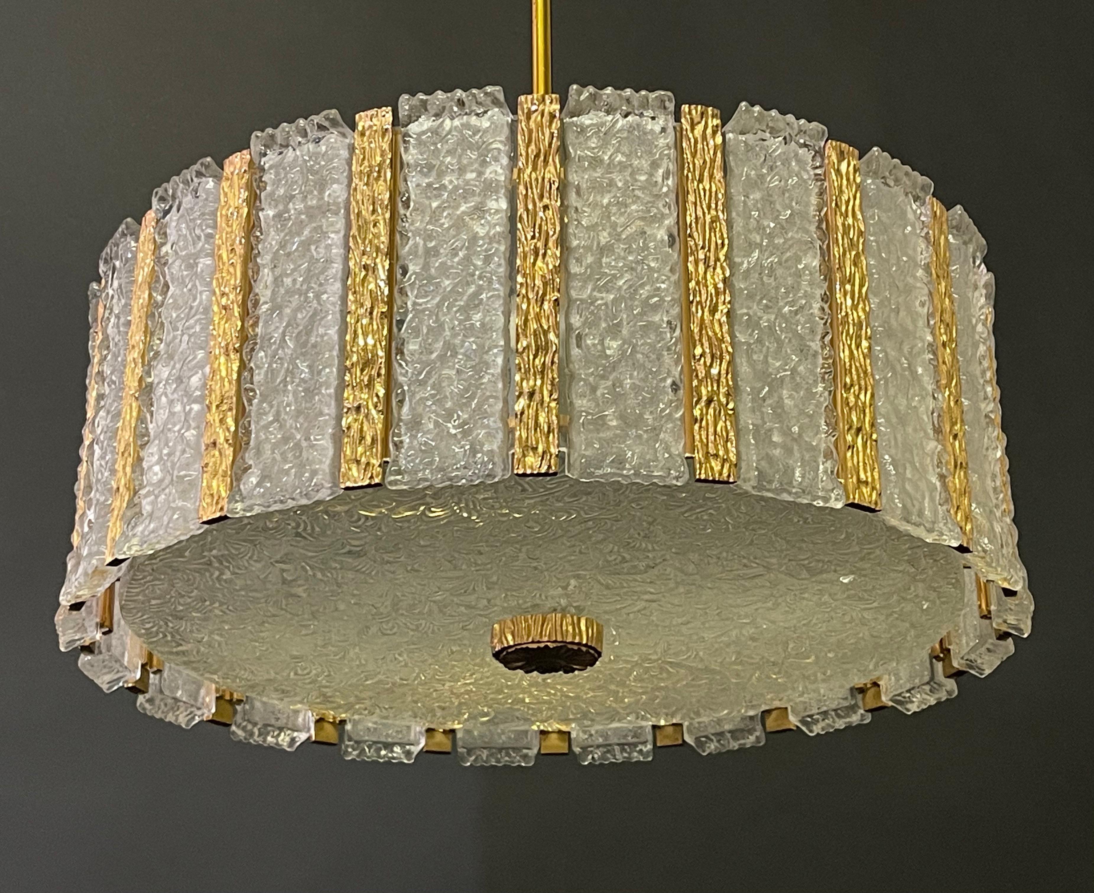 Metal J.T.Kalmar Pair of Ice Glass Drum Chandeliers, ca. 1960s For Sale