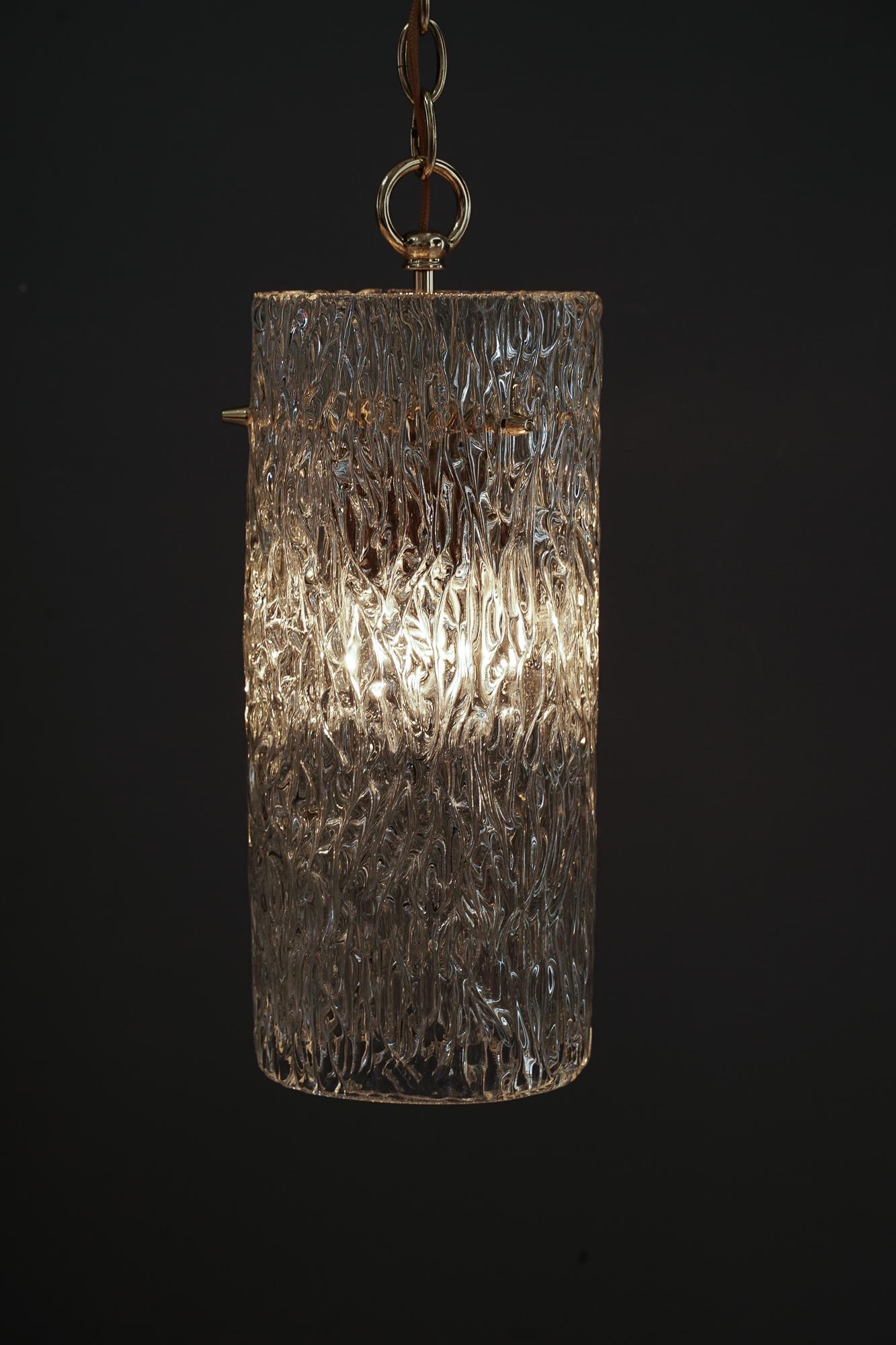 Brass J.T.Kalmar Pendant with Structure Glass Shade Vienna Around 1950s For Sale