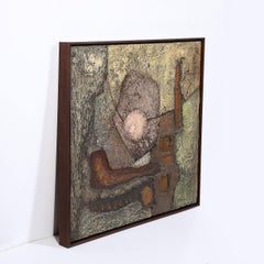 Pintura sobre tabla en técnica mixta, abstracta y texturizada, modernista de mediados de siglo