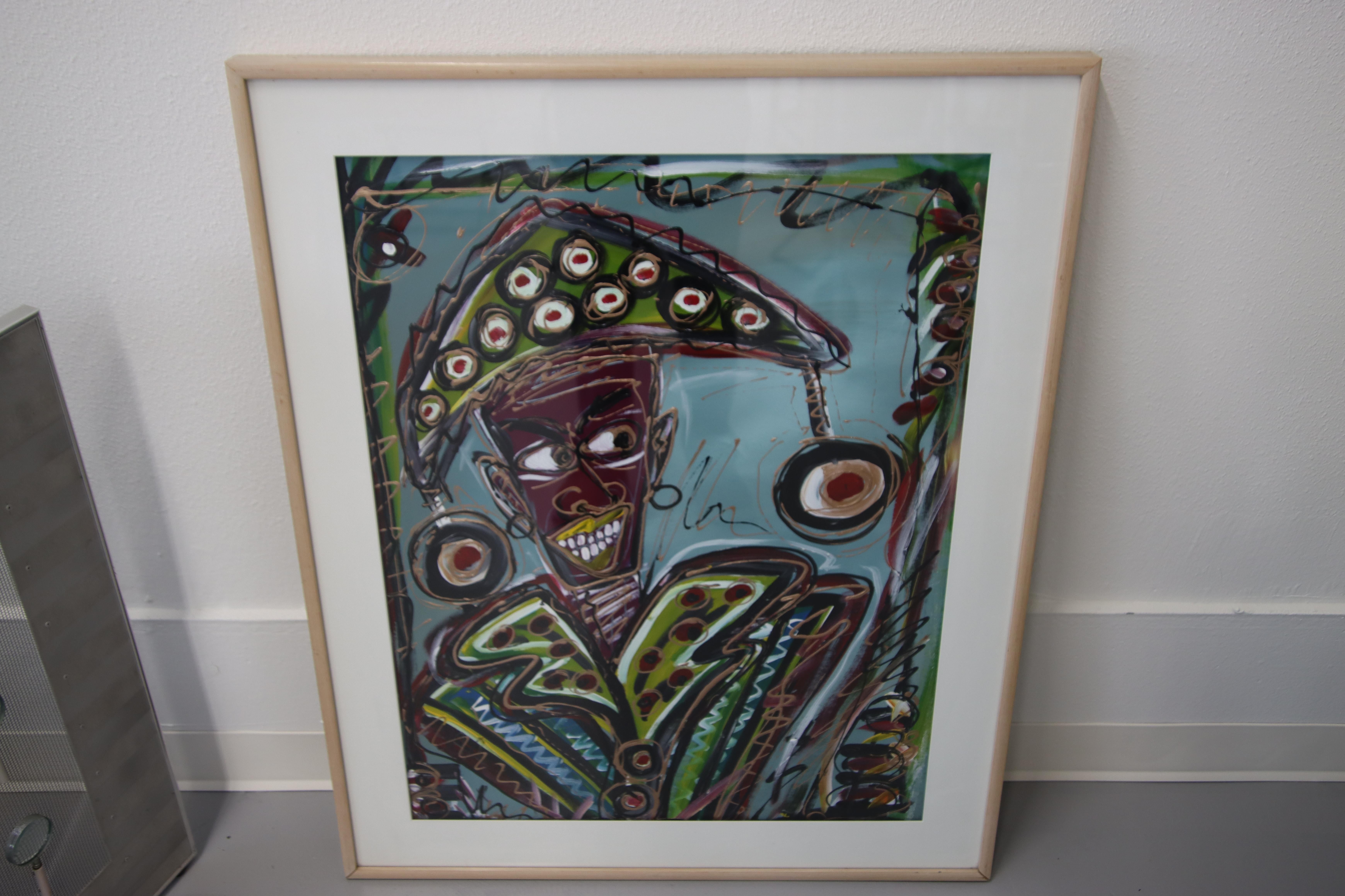 A great painting of a jester signed Juan Alonso 1992. It is titled verso 