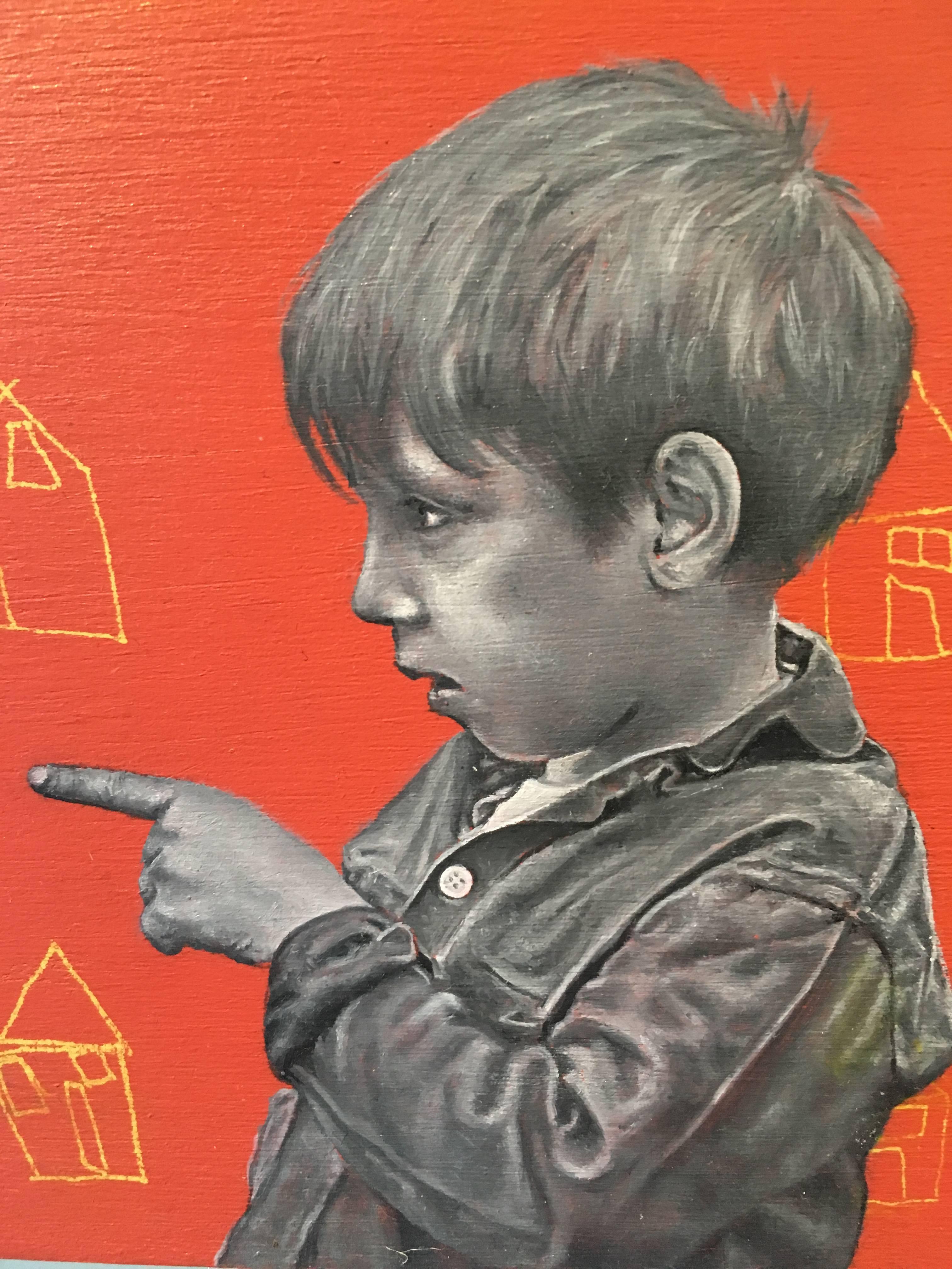 Teo - photo realistic sepia boy painting against bright red background - Painting by Juan Arana