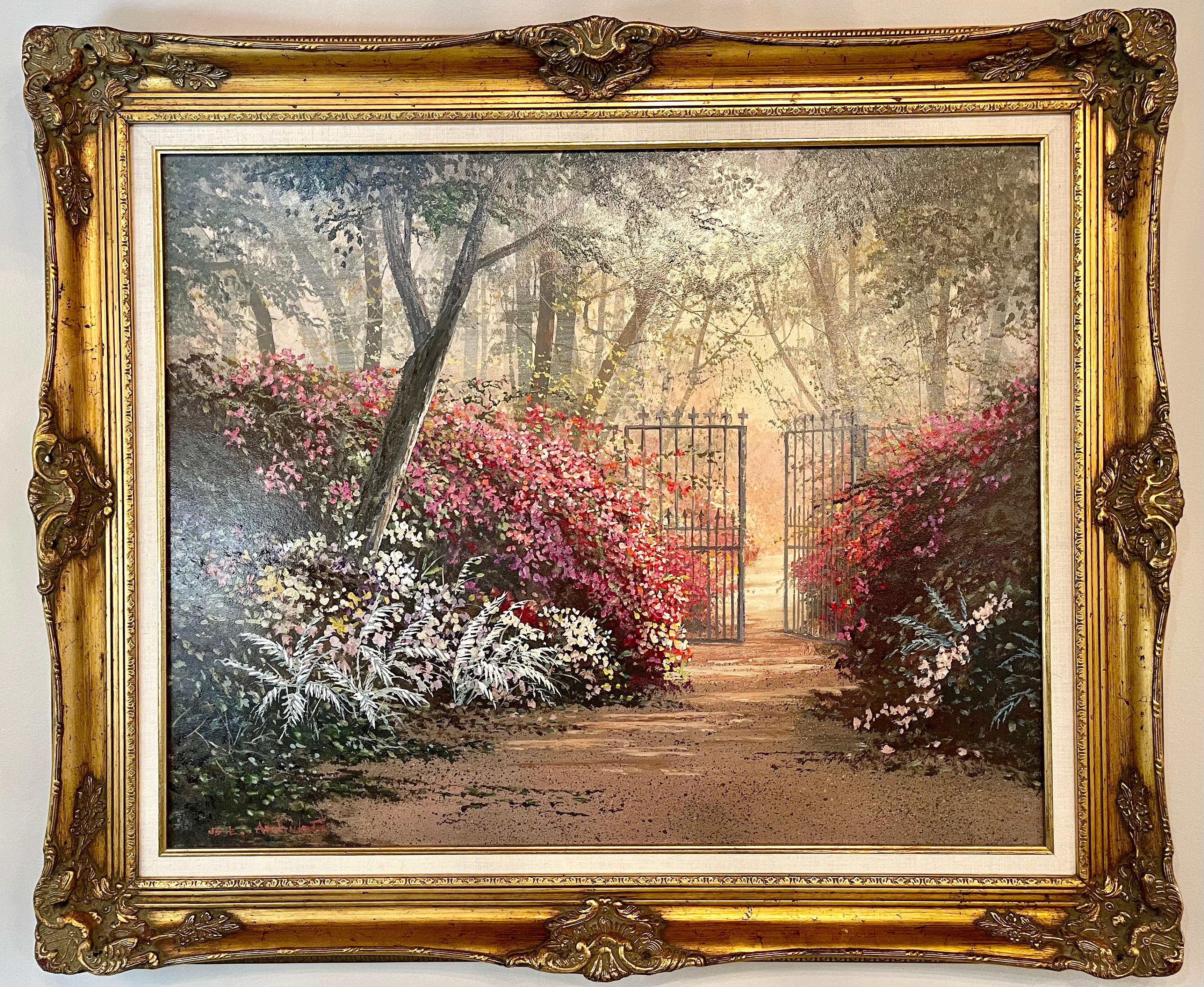 Juan Archuleta gates and garden painting. Well done in a fine custom gilt frame from a fine New Jersey private. collection. 

Juan S.E. Archuleta, Born October 24, 1948.
College: California College of Arts and Crafts, Oakland, Ca.
Archuleta's