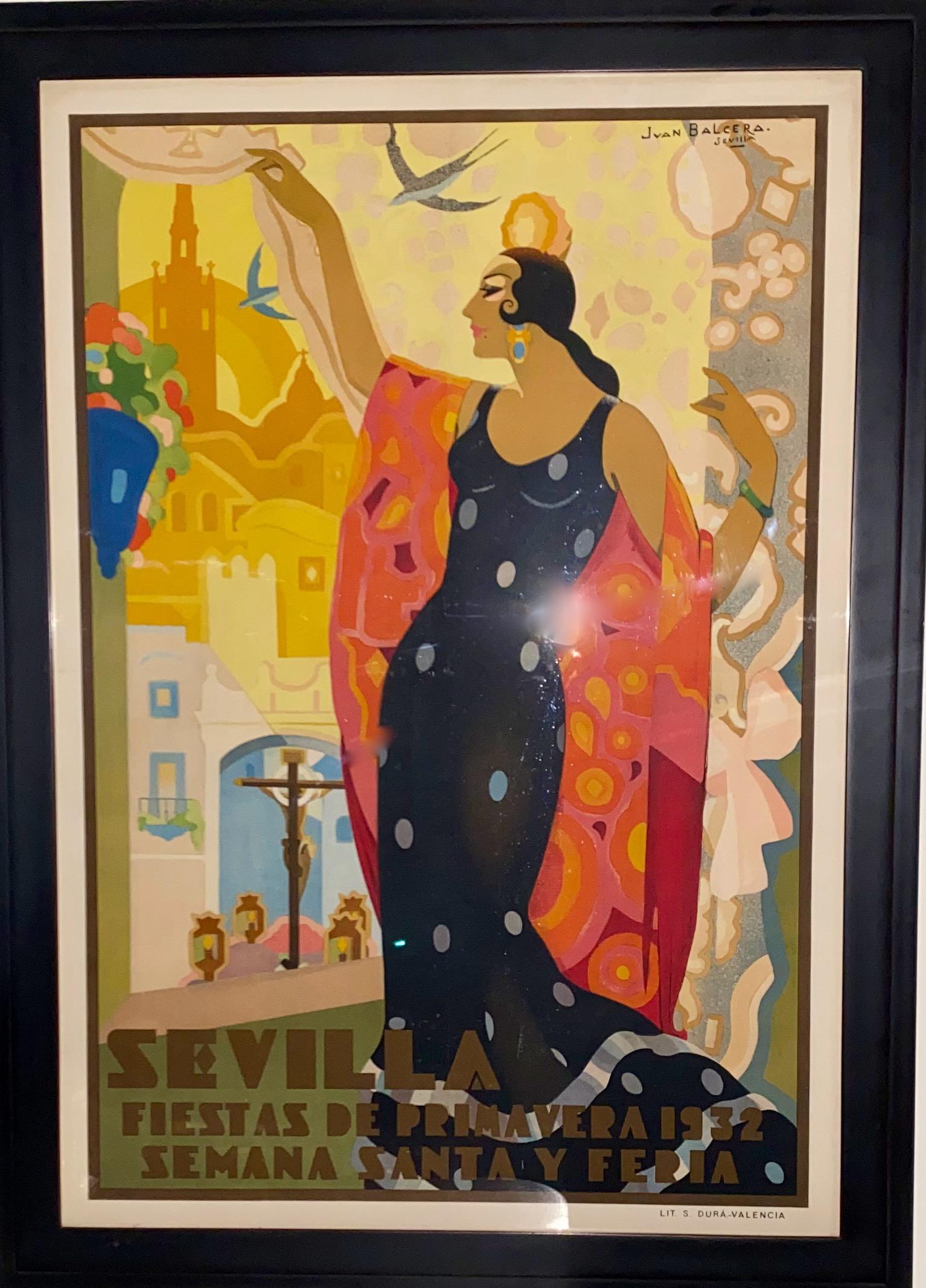 Original Linen-backed Lithographic Poster for 1932 Seville Fiesta De Primavera by artist Juan Bacera. Travel poster promoting Spring in Sevilla, Spain. Portrays a beautifully rendered Spanish Art Deco glamorous woman also showing buildings,
